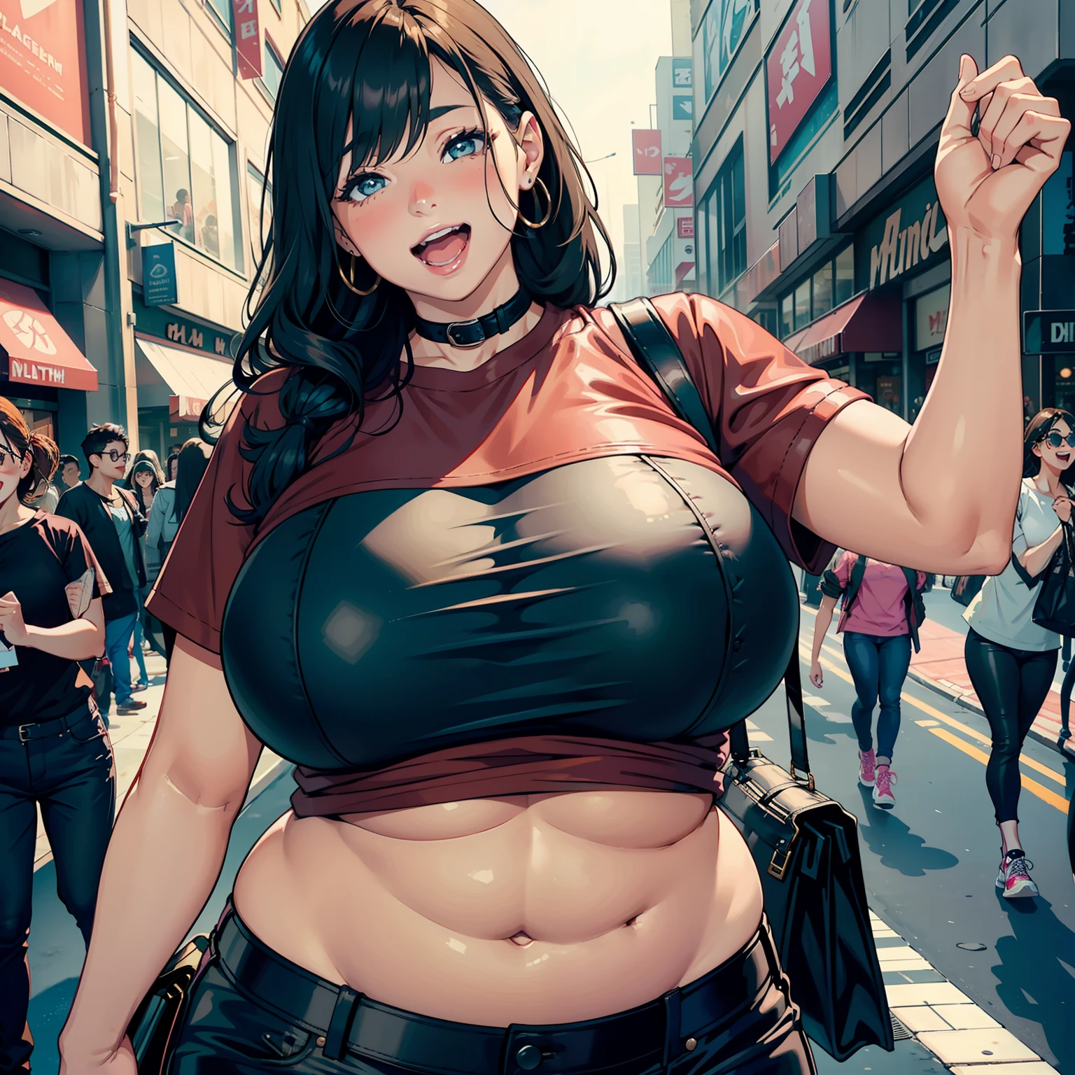 1 female，Slightly fat，Blushlush，big laughter，Mouth open，The shirt，leather pant，Mall clothes store