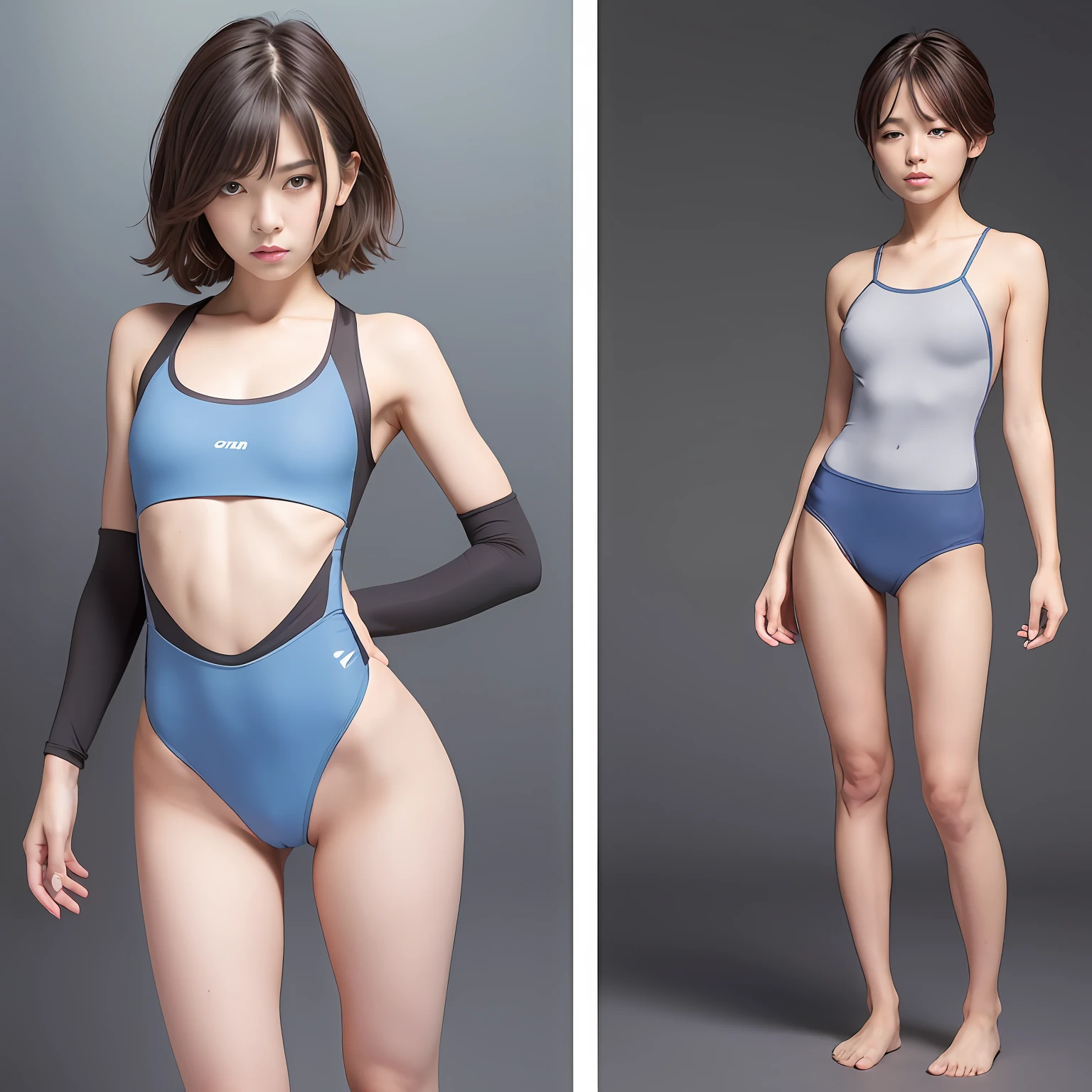 (Solo), (a detailed full-body RAW photo of a girl), (masutepiece:1.0), (Best Quality:1.4), (超A high resolution:1.2), (Photorealistic:1.4), 8K resolution, Canon EOS R5, 50 millimeters, absurderes, ultra-detailliert, (40 year old), Nipple Focus, Cinematic lighting, Detailed beautiful face, (no-makeup:1.2), (ulzzang -6500-v1.1), petite figure, Detailed skin texture, (flat chest:1.4), (skinny and fit body:1.6), Detailed brown hair, sweltering,(Very short hair:1.5), See Through wear, (Blue and gray thin competition one piece swim wear:1.5), More transparent, low rise, realistic glistening skin, Detailed texture, (No bra:1.5), stylish pose, Very small titts, Cameltoe, well-developed abs, erect nipples,