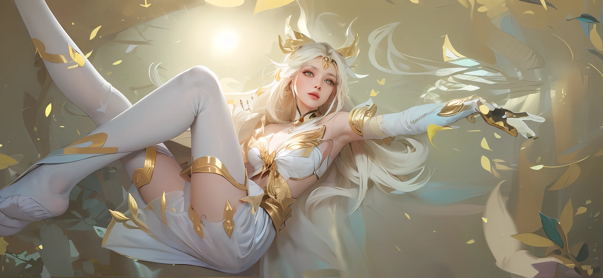 ((Mastpicek)), ((Best quality), 8 k'', High detail, super super detail, rich details, Western Face, Golden armor, White dress, White socks, White skirt, Golden hair, White Sota, jungles, Cyan light
