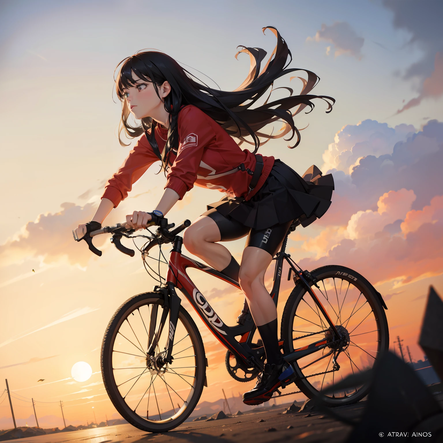 The woman is wearing a red shirt and a black skirt with long black hair.BREAK I am riding a bicycle and cycling.