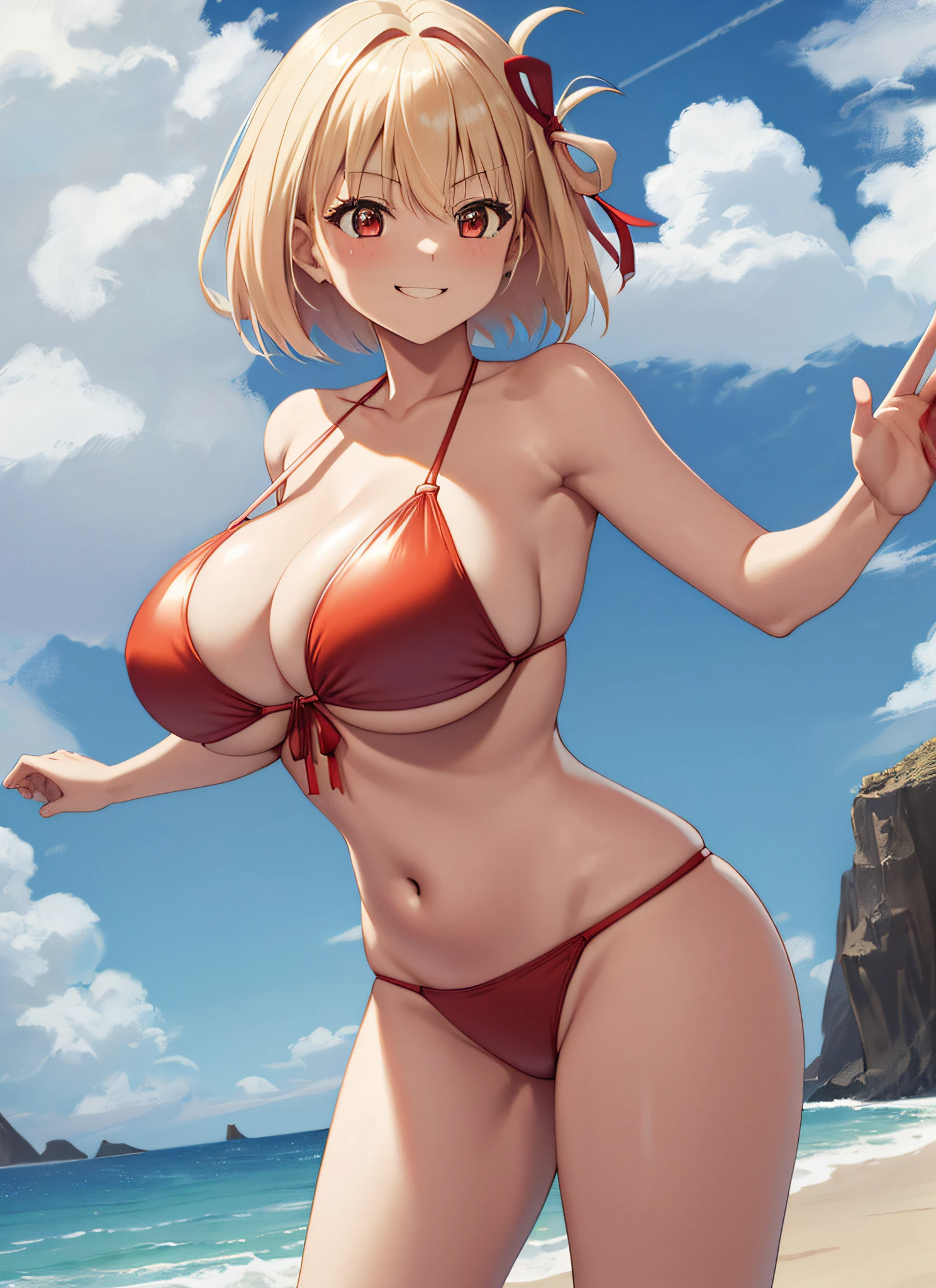 1 girl, smiling, Chisato Nishikiki, cowboy shot, shiny oily skin with high contrast, huge long breasts, big emphasized, naughty thighs, triangle bikini, (red triangle bikini), H cup, solo, huge, (red bikini),standing, beach