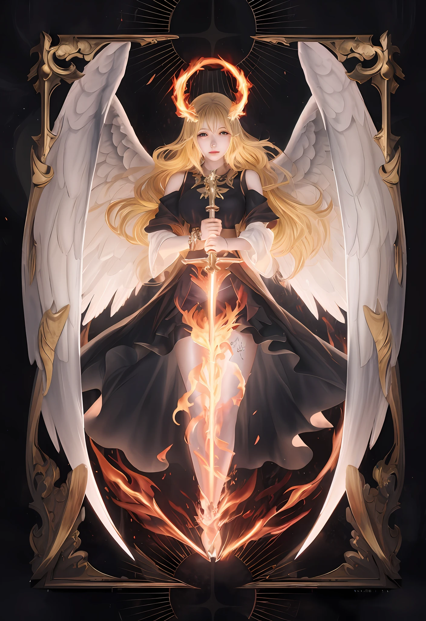 anime angel with sword and halo in front of a frame, with fiery golden wings of flame, anime goddess, goddess of anger, holy fire spell art, anime fantasy illustration, anime epic artwork, with fiery golden wings, by Yang J, digital art on pixiv, full portrait of elementalist, demon anime girl, detailed fanart, zerochan art, anime fantasy artwork,wings detailed,weapon,wepon fire effect detailed,wings white detailed,hair detailed,yellow hair,hair long detailed,