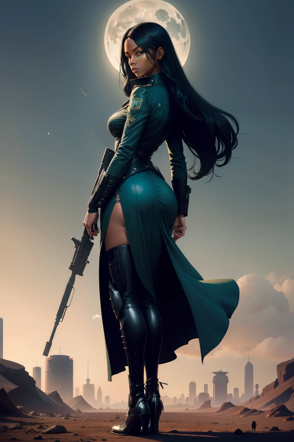 solarpunk hunting woman ( woman : female, ebony, 35 years old, long black hair, navy jacket, green long dress, futuristic hunting riffle, very long legs, dynamic pose, viewed from side, high detail ), ( backgrund: plain, darkness, shadow all around, roughness, mutant cows, moonlight), real life, panoramic, soalrpunk by Jean Giraud