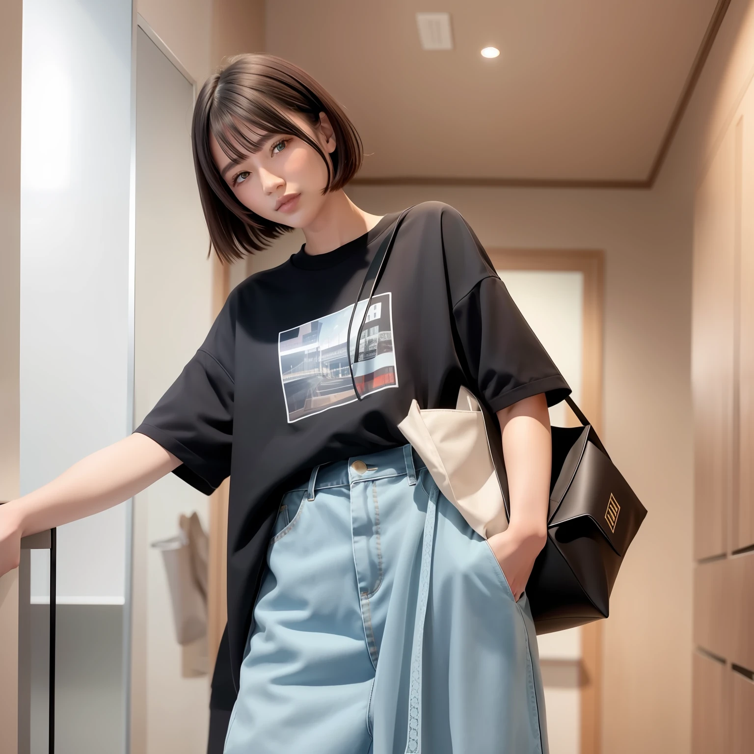 There was a woman standing in the room carrying a bag, High quality material BSSRDF, 2 0 2 0 fashion, 2022, 2 0 2 2, 2 0 2 1, 2021, ssense, Cute casual streetwear, taken in 2 0 2 0, Short sleeves,