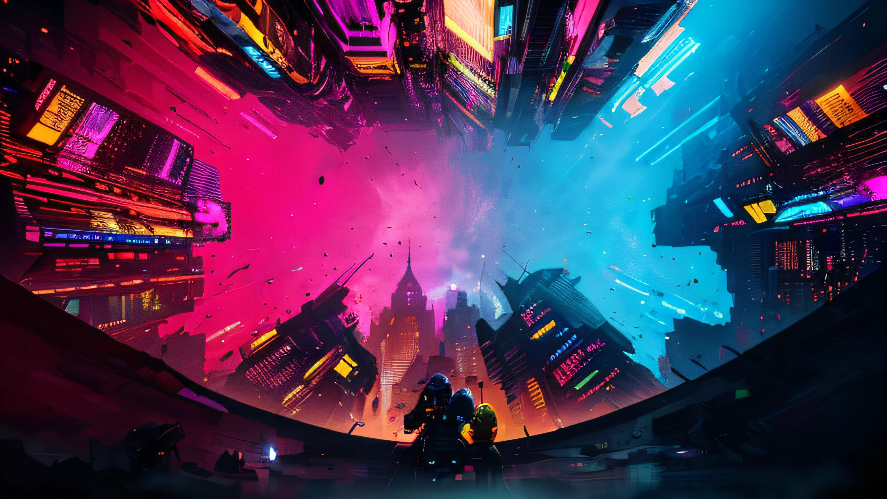 Color photo of 3 robots sitting in the city at night, Digital artwork 4 K, 8K HD wallpaper digital art, 4 k hd illustrative wallpaper, digital art widescreen 8 k, Cyberpunk art style, style hybrid mix of beeple, cyberpunk vibrant colors, beeple colors, beeple style, in the style of beeple, cyberpunk digital art