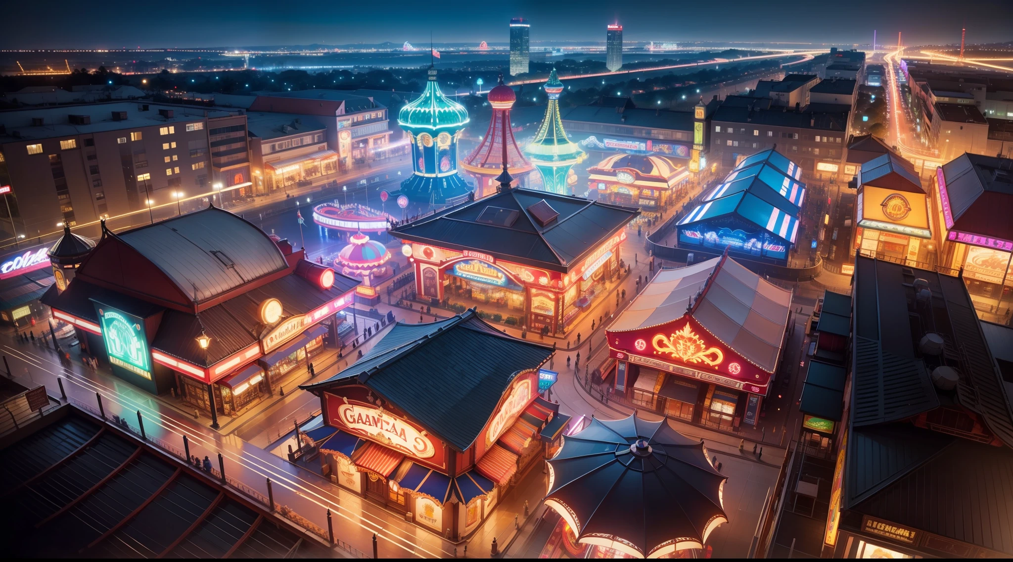 Night panoramic amusement park,There are 3 rides,Look down from above