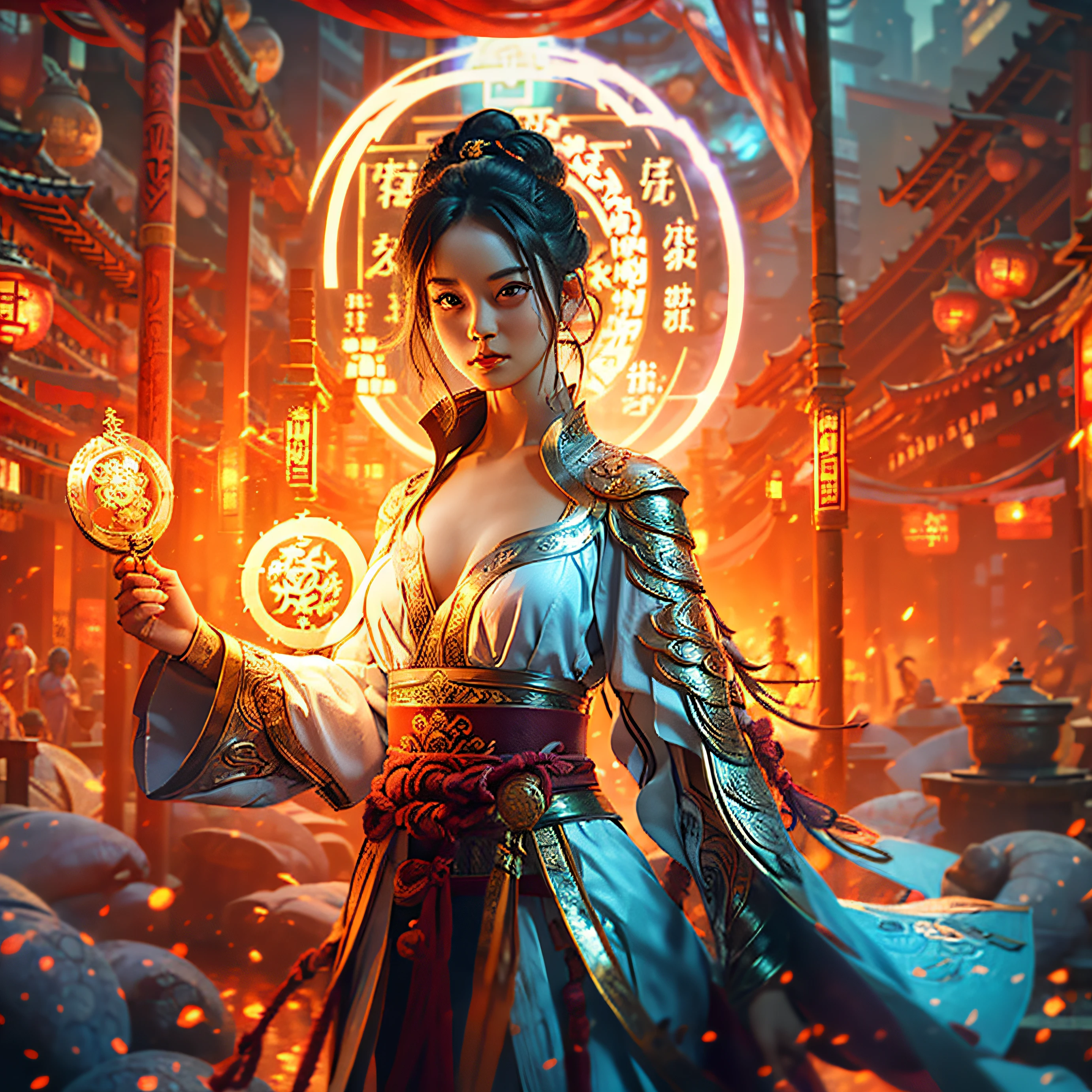 Best quality,masterpiece,ultra high res,(photorealistic:1.4),xiuxian,weapon,Detailed face, 1girl,solo,weapon,cleavage,(magic circle:1.2),xiuxian,upper body,Beautiful girl,full body,huge breasts,east asian architecture,sheath,architecture, --auto