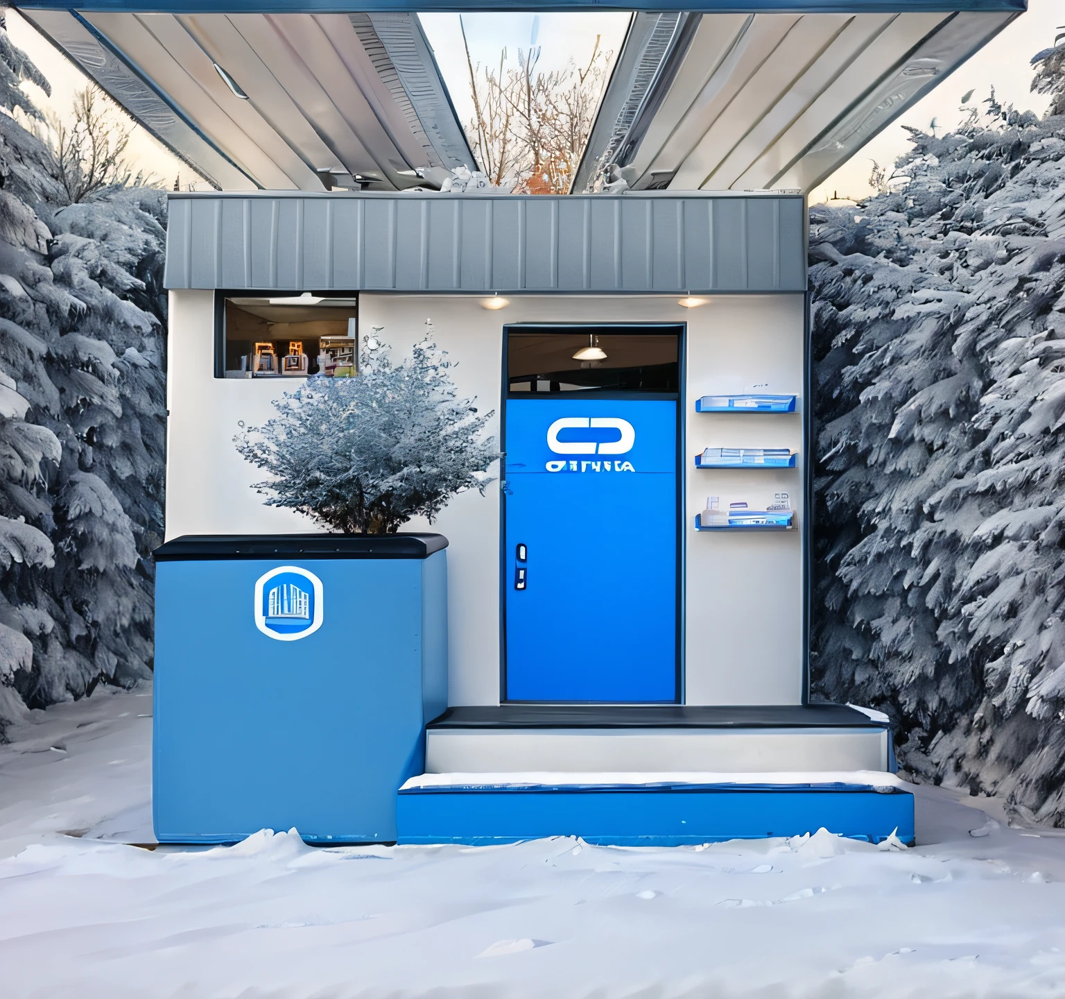 Outdoor blue franchise scene,White sofa in front,Gray carpet,Cash register on the left,Right shelf,Outside the scene is a beautiful street view