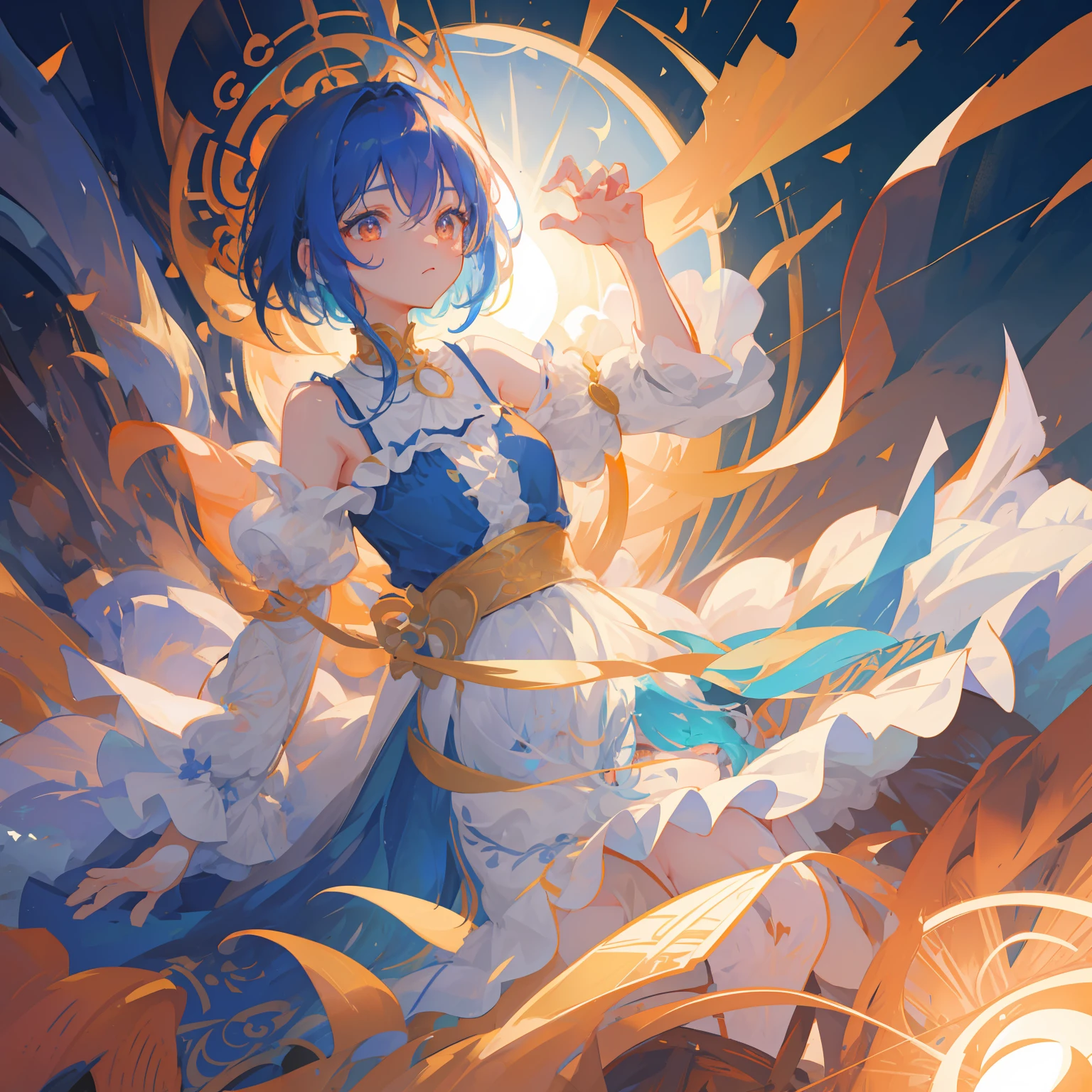 masterpiece,top-quality, Best Quality, the Extremely Detailed CG Unity 8K Wallpapers, Cinematic lighting, Lens Flare, Eyes in Beautiful Details, side glance, colorful light, Particle, portrait closeup,Cornflower Art、dream-like,hight resolution、volume illumination、contour deepening,Back lighting、Very detailed 8k wallpaper、 1 girl in,独奏, Blue hair、short-hair、fluffy hair、Orange eyes、claw pose、The upper part of the body、Chiffon dress
