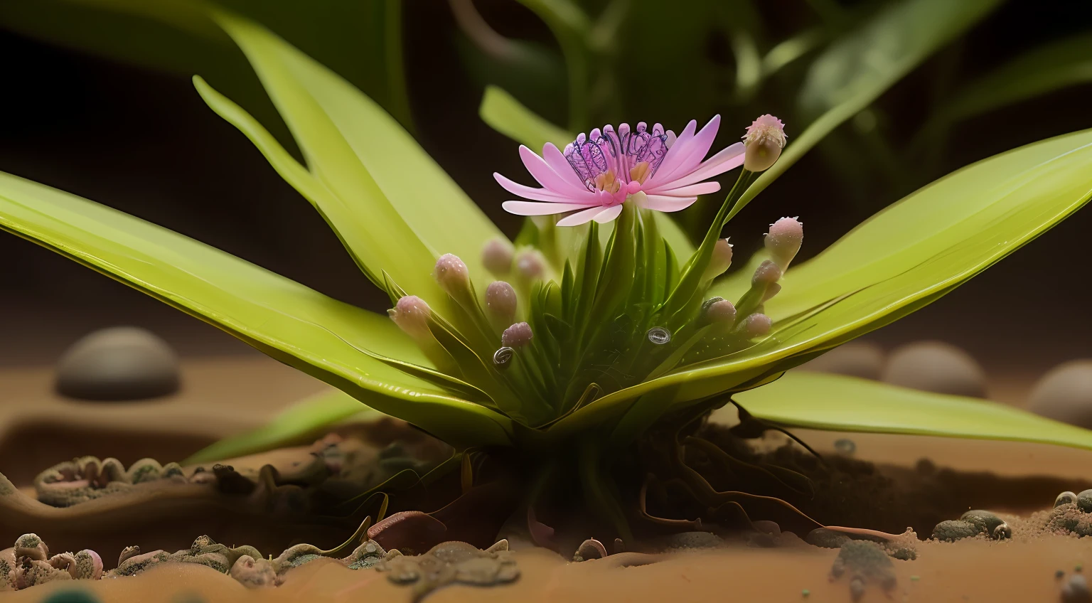 Small pink flowers grow from green plants, surrounded flower, alien flower, Diorama macro photography, alien flora, Flowers grow from the body, Botanical Photography, Detailed plant life, Macro perspective, Drawing flowers, Flowers grow from the head, shot on nikon d 3 2 0 0, photo taken with sony a7r camera, alien plant