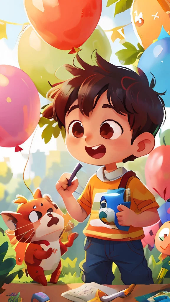 A boy,zoo,Many balloons,cheerfulness,rejoice,Perfect quality,Clear focus(Clutter - home:0.8), (tmasterpiece:1.2) (realisticlying:1.2) (bokeh) (best qualtiy) (detailedskin:1.3) (complexdetails) (8K) (detailedeyes) (Sharp focus),(having fun) Partial national painting style