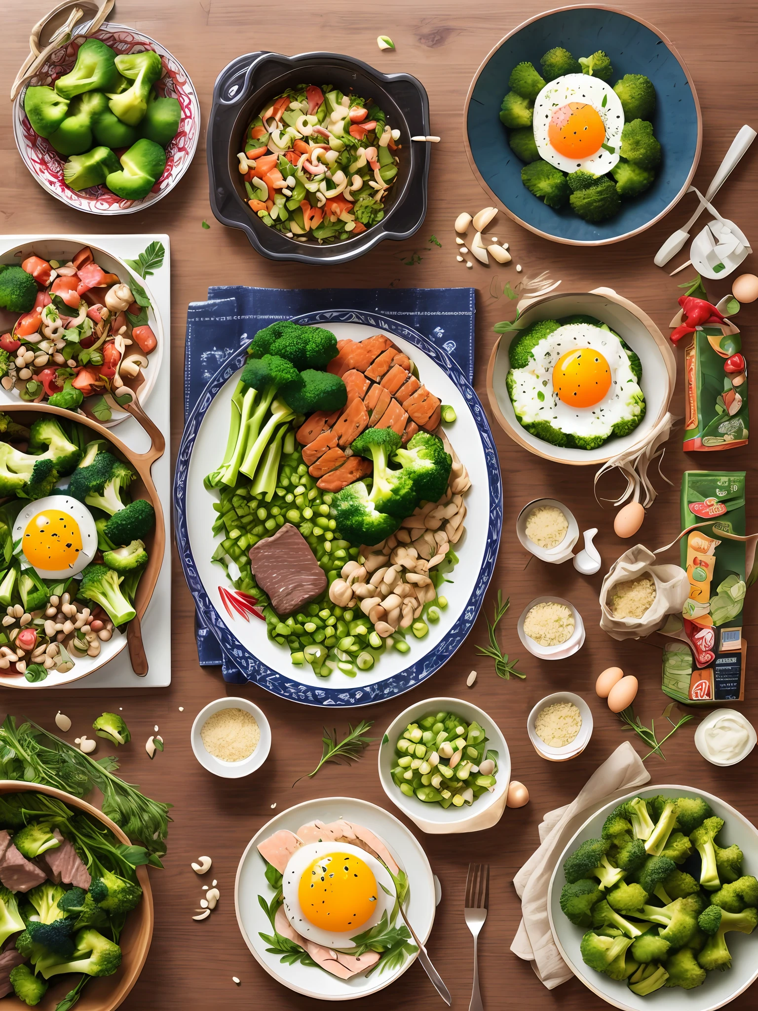 knolling including broccoli, egg, beef, salmon, in childish crayon and Ukiyoe art style --auto --s2