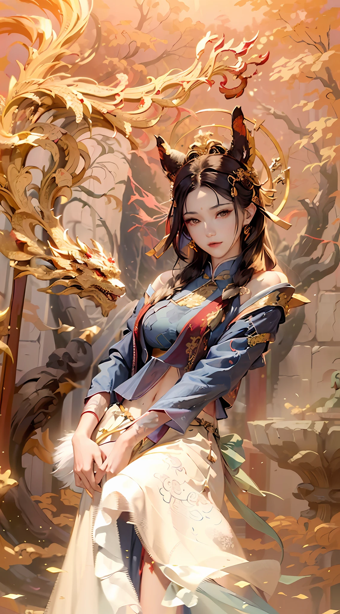 (RAW photos, best quality), (realistic, Photo Realism: 1.3), Extremely Refined and Beautiful, Amazing, Fine Detail, Masterpiece, Ultra Detail, High Resolution, (Best Illustration), (Best Shadow), Intricate, (in a crimson gold Chinese dragon, surrounded by gold dust, black flowers, trees, petals, wind, God, long wavy body, fangs, fantasy, mythology, high quality, highly detailed, masterpiece, epic, particle effects, dynamic effects, (Dragon: 1.4 in front of), clouds, storms, mountains, sunsets, clear focus, volumetric fog, 8k Ultra HD, DSLR, High quality, (Film grain: 1.4), Fujifilm XT3,Official Art, Unity 8K wallpaper, Ultra detailed, Beautiful and beautiful, Best quality, (Zen entanglement, tangled, entangled), (fractal art: 1.4), 1 girl, brunette hair, Chinese, bare shoulders, short skirt, calf, navel, very detailed, dynamic angle, denim lens, (most beautiful chaotic shape), flow, (bright colors), OC, (half: 1.2), china, (tape: 1.3), (Dream: 1.5), (Hanfu: 1.5), Chinese Dragon, (Smile: 0.5), (Chinese God), Realistic, Ultra High Resolution, Complex, Ultra Detailed, (Skin Dents), Female, Detailed Body, (Detailed Face: 1.1), (Contoured Iris), (Watercolor Lenses), (Perfect Eyes), 4K, Gorgeous, (Masterpiece: 1.2), (Best Quality: 1.2), Wide Buttocks, Thick Thighs, (Big Tits: 1.2) and (Big Tits: 1.2), Debauchery, Seductive pose.