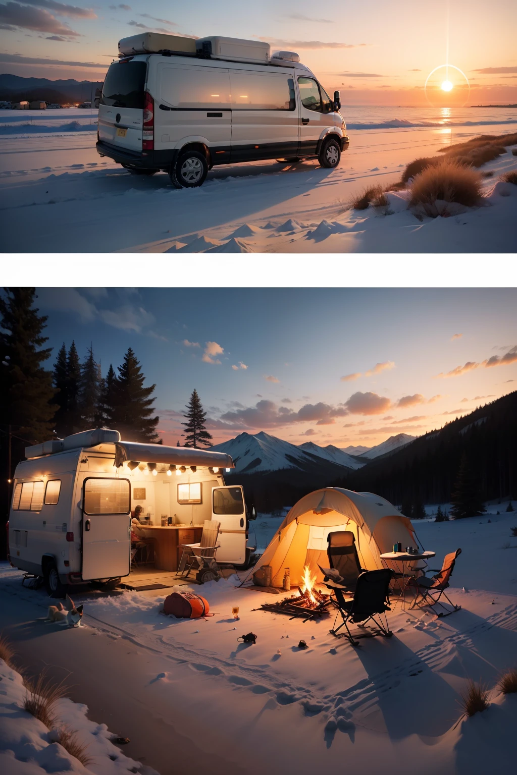 create banner image having sunset in background and on fron add a van and camp and 2 person with bon fire witrh dog and DSLR on stand and some chairs