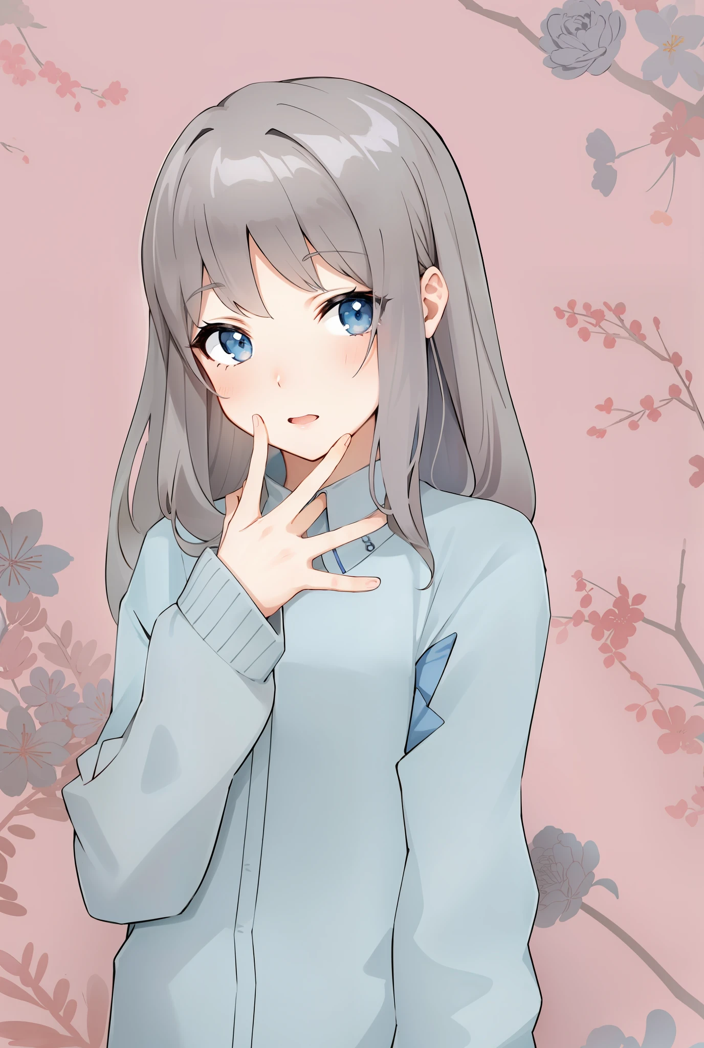 Anime girl with long gray hair and blue shirt posing for photo, inspired by Yuki Ogura, anime moe artstyle, pretty anime girl, (anime girl), cute anime girl, hinata hyuga, an anime girl, attractive anime girl, portrait anime girl, shikamimi, gapmoe yandere, Long Hair Anime Girl, in anime style