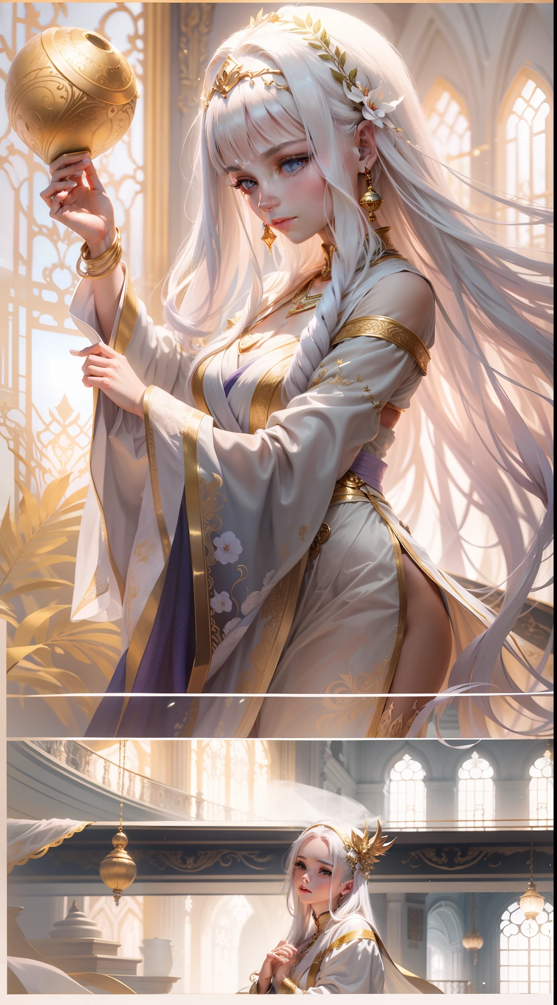 tmasterpiece，hyper HD，8K，White skin of the，Super long white hair，20 year old 1 girl，slim toned body，long hair flowing，paleskin，Glowing skin，Surrounded by lights，Exquisite jewelry，Delicate hair accessories，wears a long robe，Holding a bell in his hand，Professional classical dance moves，Face smile，No teeth exposed，Vista angle，People float in the air，The feeling of being high，The hands are surrounded by a blue-violet aperture，Fairy air fluttering，Holding various magic weapons in his hands，Gorgeous silk，Flowing tulle，Golden Buddha statue Falun background and dazzling background，The golden Falun behind the numbers，Best light，cinematic filter，Digital illustration art，Superb art painting，