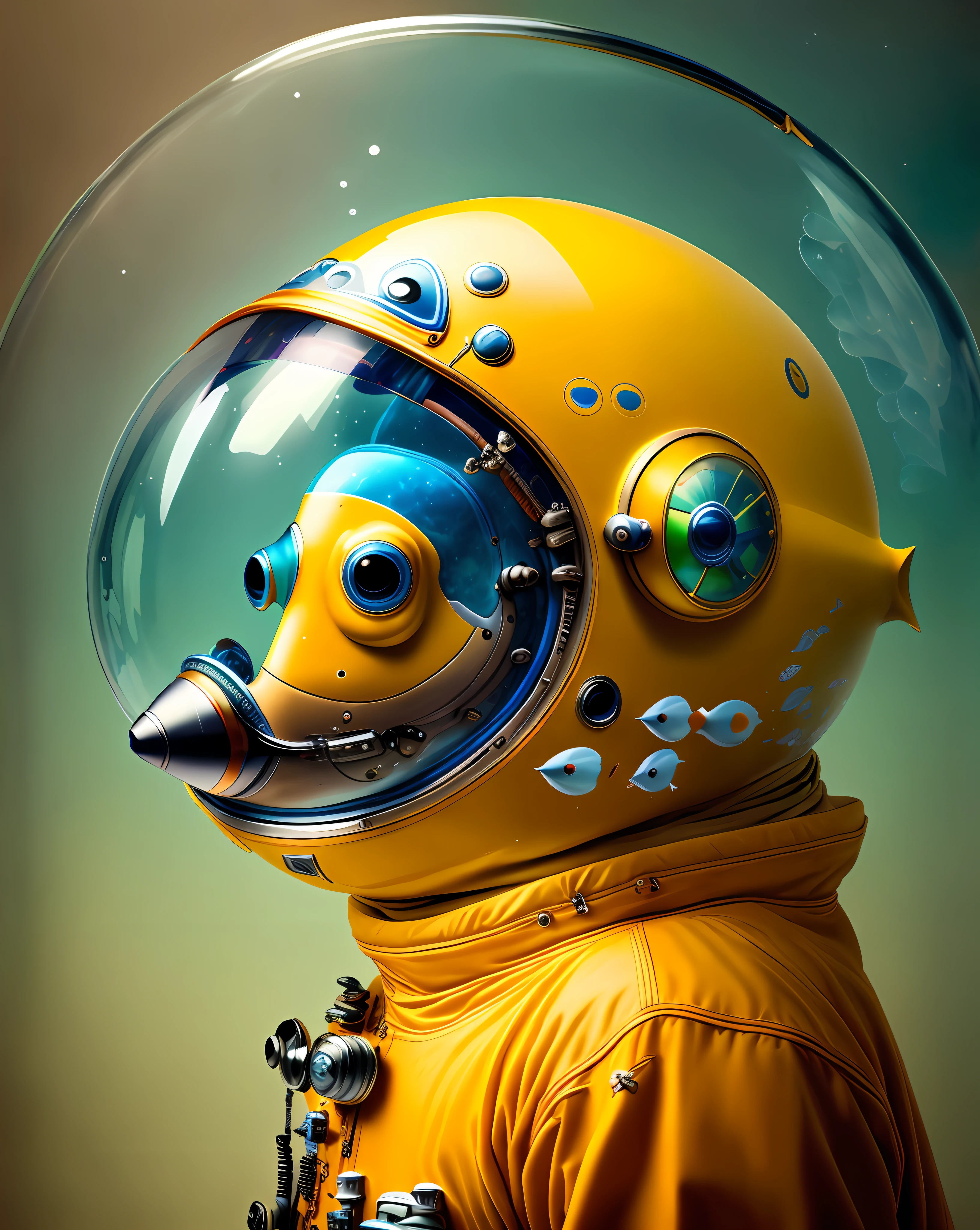 Le poisson astronaute de face. The helmet is full of water and fish, Aquarium helmet. surrealist art, Unreal engien