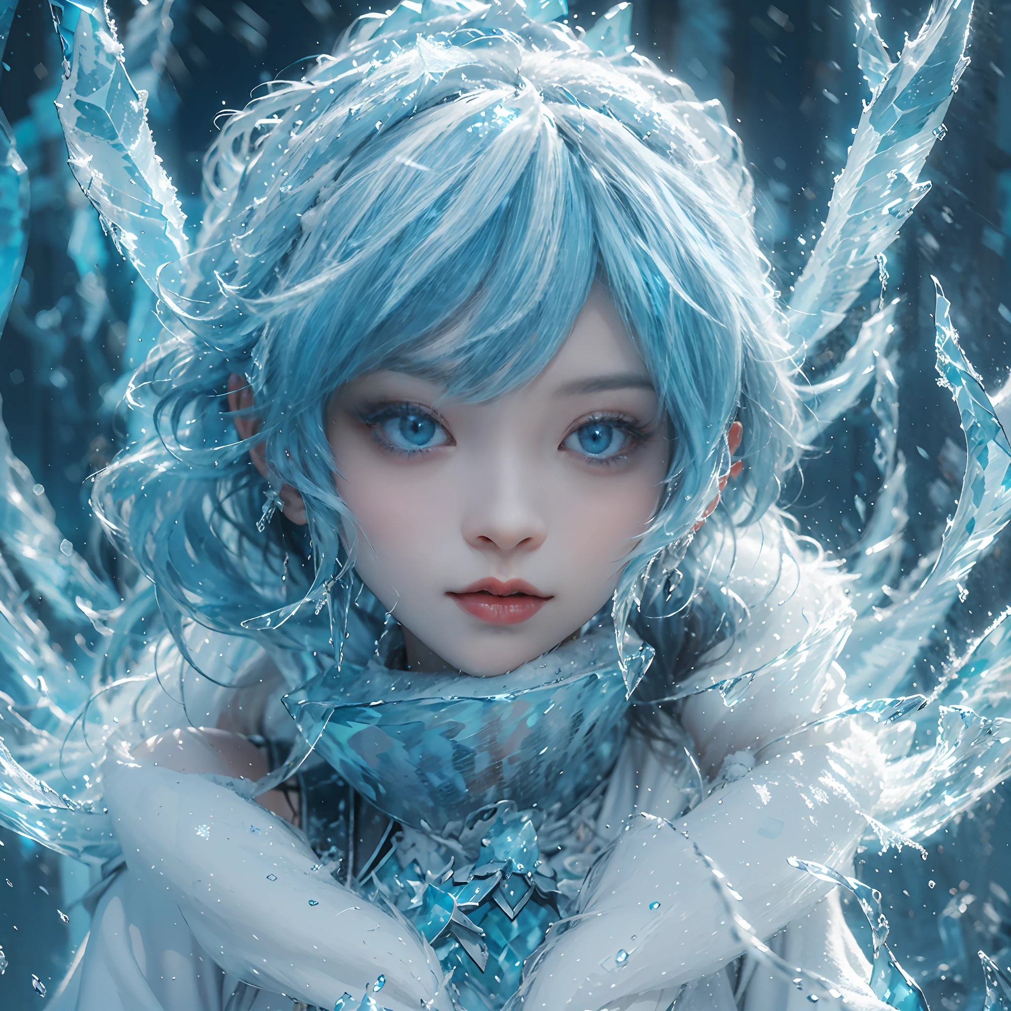 (((1girll)))，（Perfect facial features：1.4），icey，ice wings，Splashed liquid，Wavy liquid，airbubble，standing on water，wave，Blue glow，（Frost wings），(((Powerful ice magic)))，(((Icicles)))，Towering over the landscape，Blue light cold light，(((Ice storms)))，Wind，((Flying snow ice and snow))，Amazing results，,best qualityer,tmasterpiece,超高分辨率,finely detailled,Complicated details,8K分辨率,8KUCG wallpaper,hdr,water blue,Magic Array,Cinematic lighting effects,lightand shade contrast，Ray traching、NVIDIA RTX