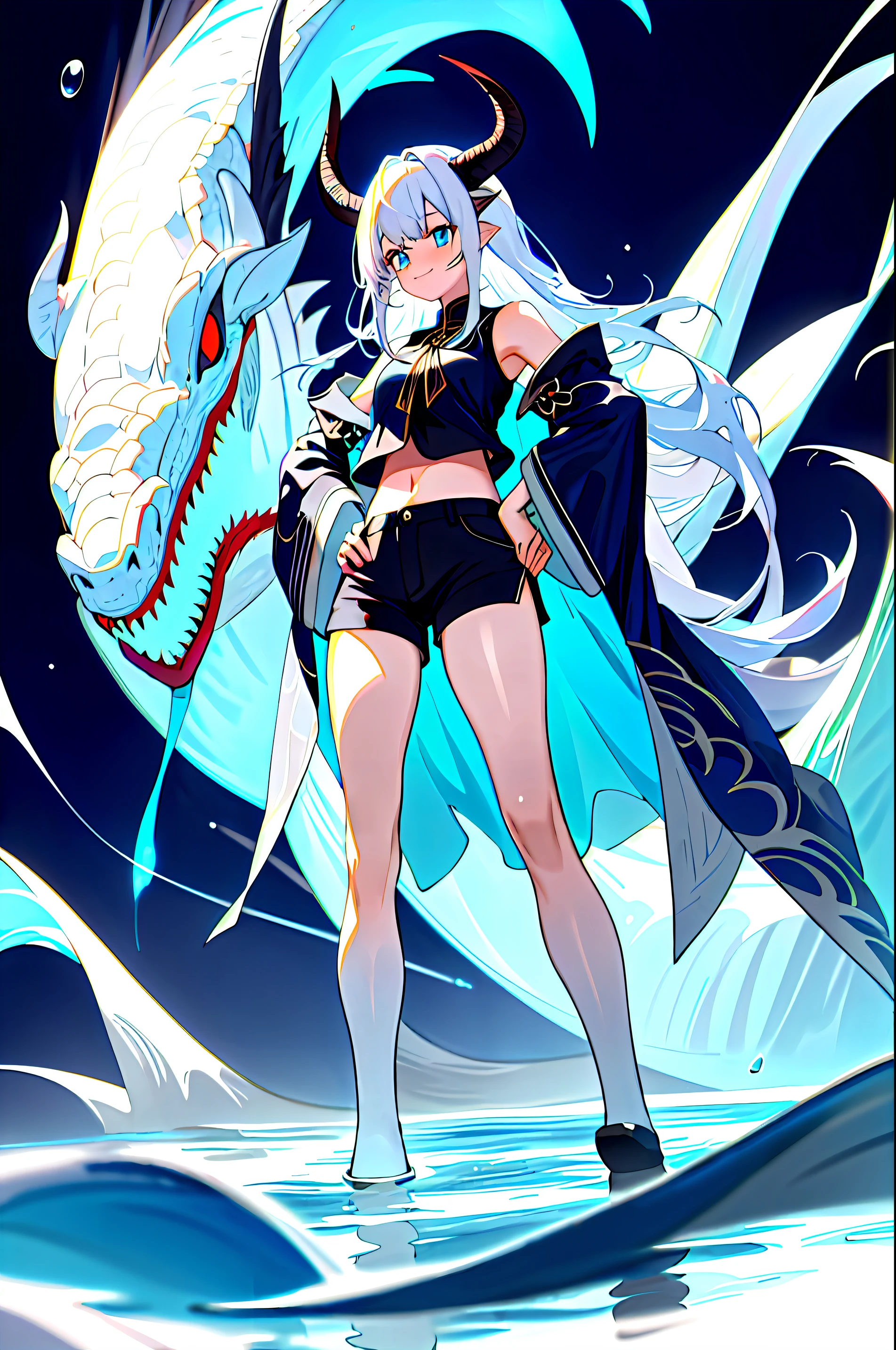 Need,tmasterpiece,A high resolution,exquisitedetails,Delicate figure,A high resolution,1 girl,long white hair,bursting breasts,black cloaths,By bangs,Blue dragon horn,blue color eyes,Open coat,simplebackground,Water element background,hands on hip,shorts,white stocking,midriff,bare shoulder,happy,The calves are off the frame