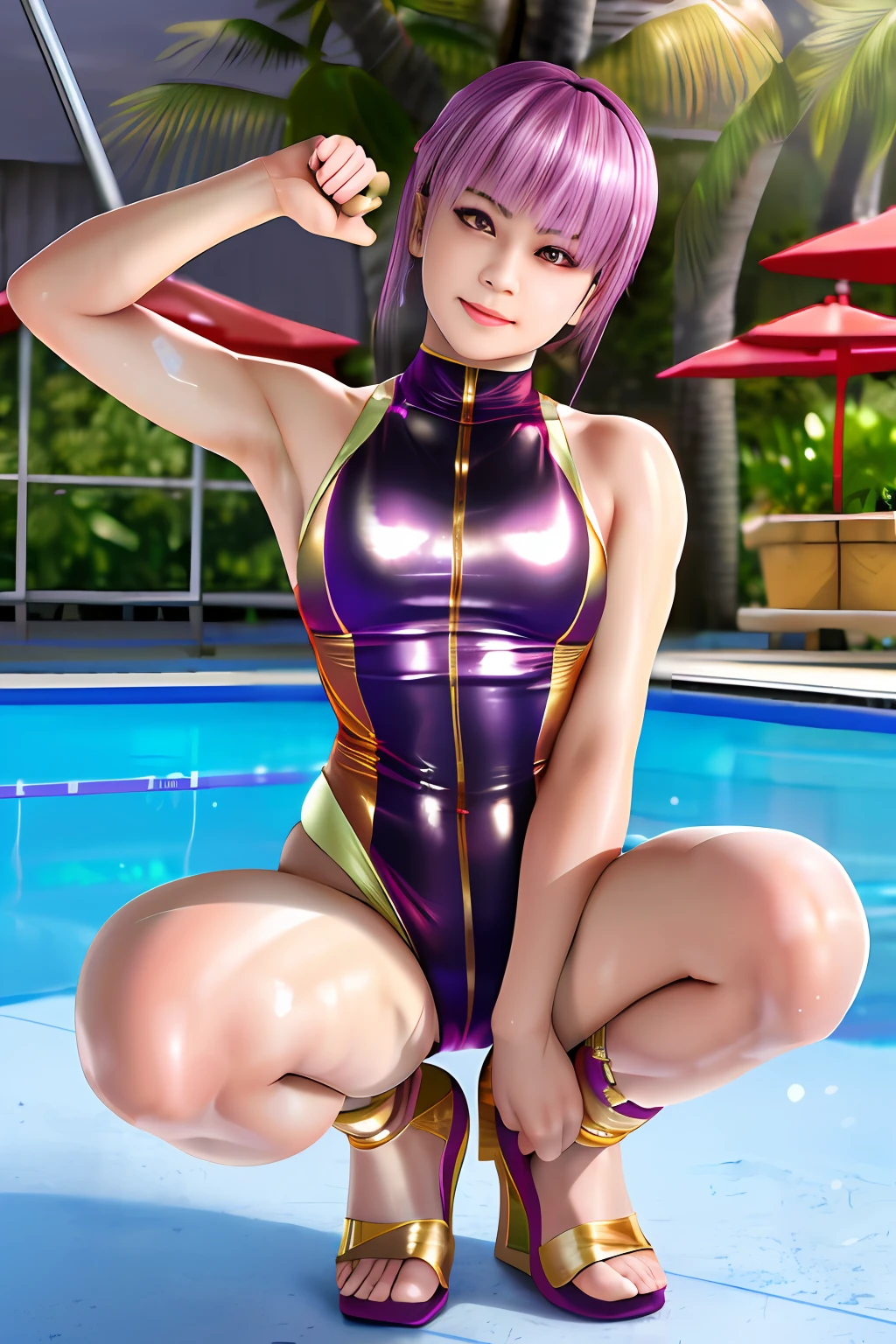 Top image quality、top-quality、8K picture quality、1girll、full body Esbian、Ayane、annoyed face、embarrassed from、red blush、Beautiful fece、Bright purple hair、(Gold Metallic:1.4)、(Sleeveless)、(High neck competitive swimsuit)、(highleg)、(Crotch penetration)、(pin heels)、Squatting on the ground、(Open your crotch wide from side to side)、Arms behind your head、(Show off your armpits)、gazing at viewer、((Face the viewer))、((Show viewers your crotch)) 、((Frontal shot))、in poolside、profetional lighting、professional photograpy