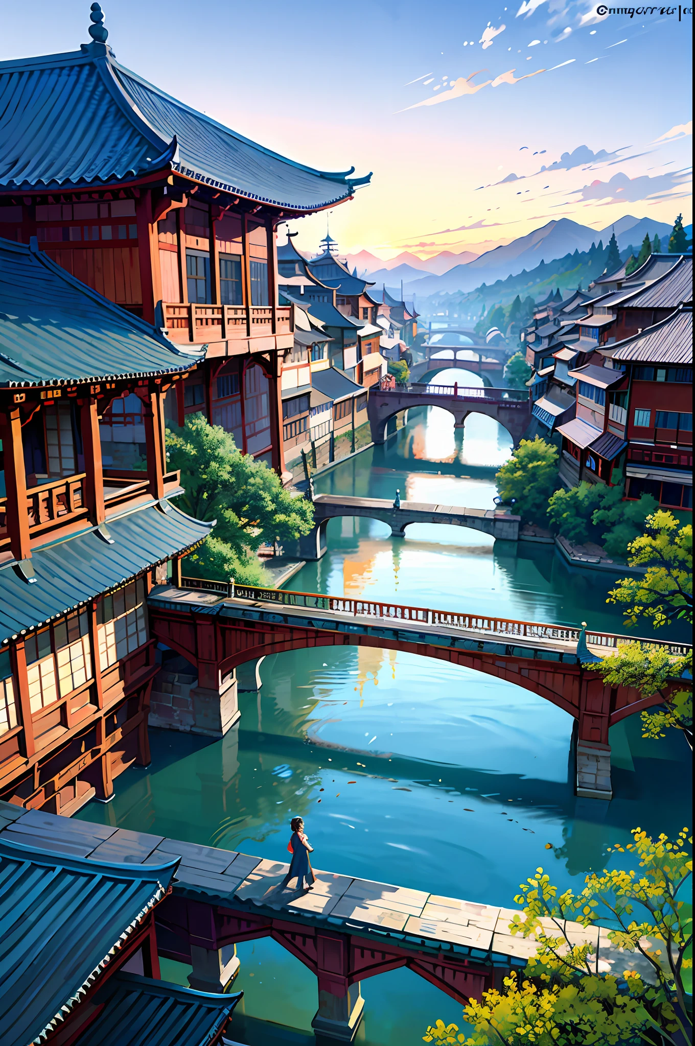 Qingming upper river map, horizontal layout, high resolution, best quality, super detail, dynamic angle, floating, bustling cityscape, intricate details, historical buildings, flowing river, bright colors, volumetric lighting, crowded boats and bridges, rich cultural background.