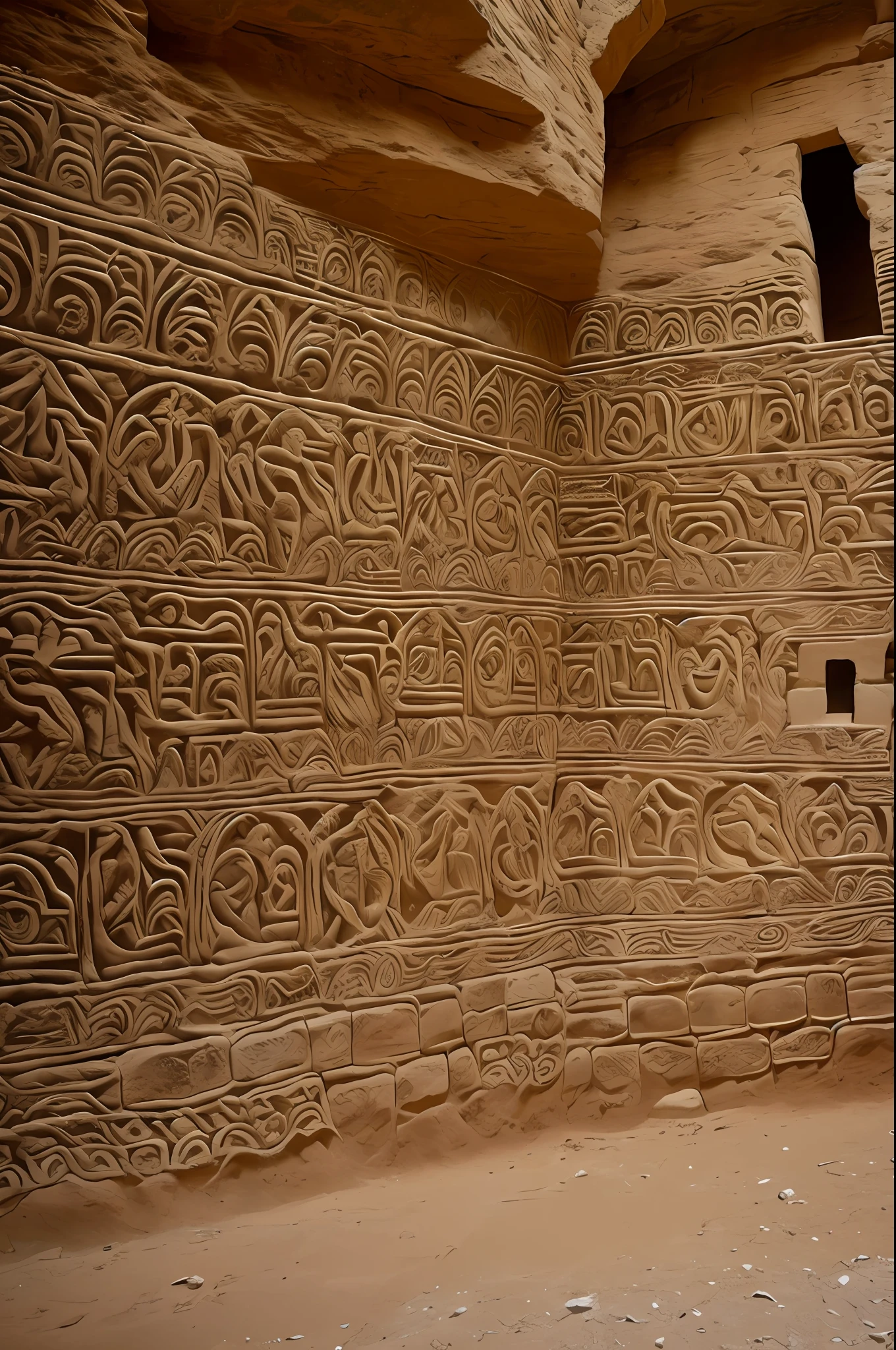 "ancient and mysterious wall covered with intricate cave paintings"