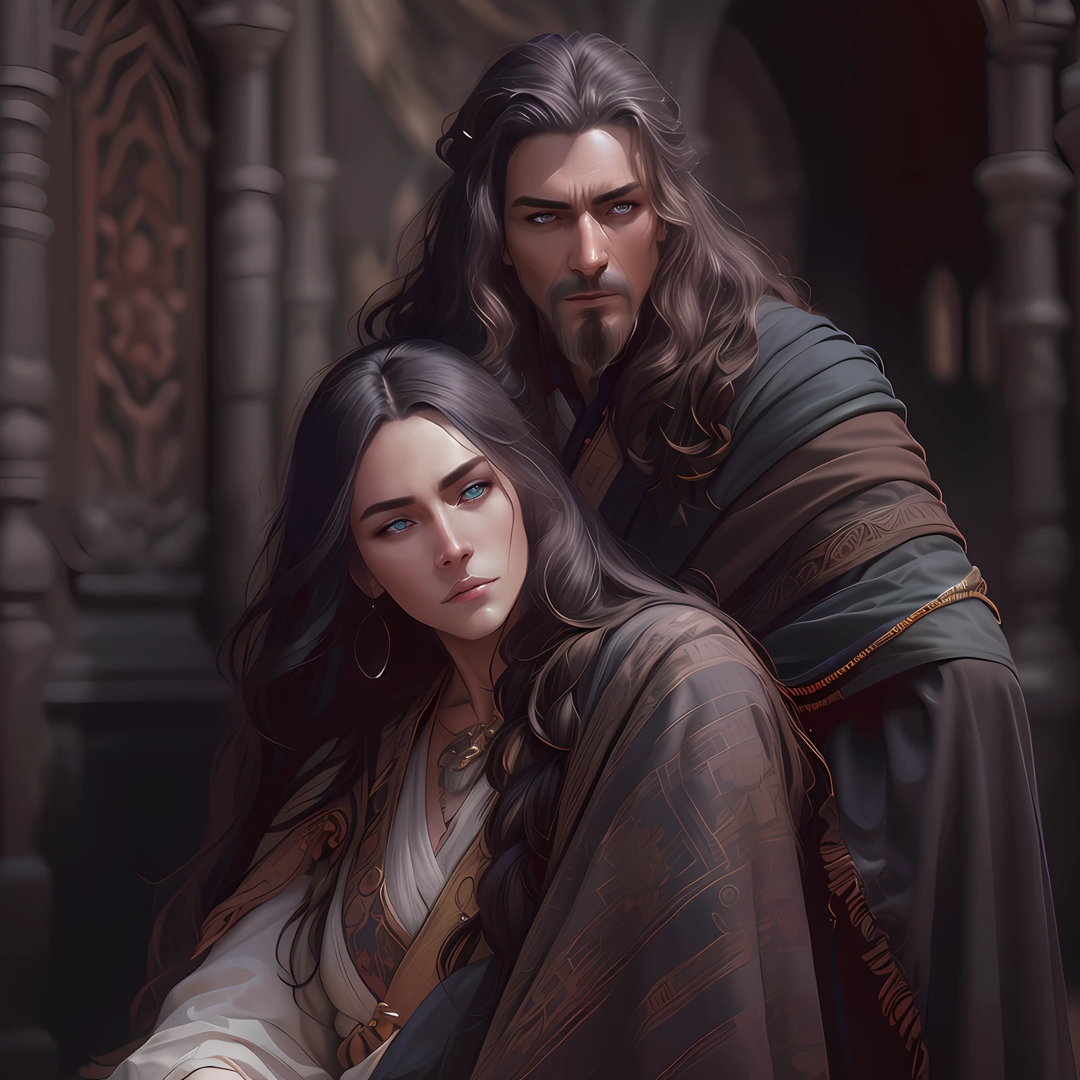 vivid lighting, Side view of a huge ruined room, There is a battle going on, Destroyed platform, war, Duo of a woman and a man, side-view, Hi-Def, ultradetail, European facial features, realeme fentezi, Pattern, portraite of a, side glance: woman's, 36yo, dark brown long hair, dark eyes, Frowning, A fighting look into the distance, dressed in an old shabby gray cloak,Beautiful handkerchief, wrapped around her head, Hands raised up, Clarity: 8 months, scenery: side view Huge throne room with large windows, A 36-year-old woman in an old raincoat stands near a throne, Ao fundo, Near the throne, A man hugs a woman by the shoulders, Rear side view: A man hugs a woman by the shoulders, Standing behind the throne of steam (((male)), fashion photography, (Full portrait), (half), 独奏, Detailed background, Detailed Face, (stonepunkAI, Stone theme:1.1), wise, (beautiful hair, braid: 0.2), shaman, The partition is harsh, mysterious, (Gorgeous face), Stunning, The head is tilted upwards, (calm expression on his face), Calm, Intimate Interaction. detailed clothes, realistic skin texture, Clear Focus, voluminous lighting, Good moments, Good shadows, sub-surface Scattering, Complex, Highly detailed, ((film)), dramatic, (Highest Quality, Award-winning, Masterpiece: 1.5), (Realism)
Standing next to them are two men with long hair, wlop and andrei riabovitchev, tuomas korpi and wlop, Darius Zawadzki and Tom Bagshaw, Donato Giancola and Tom Bagshaw, James Gurney and Andreas Rocha, rob rey and kentarõ miura, andreas rocha and john howe
