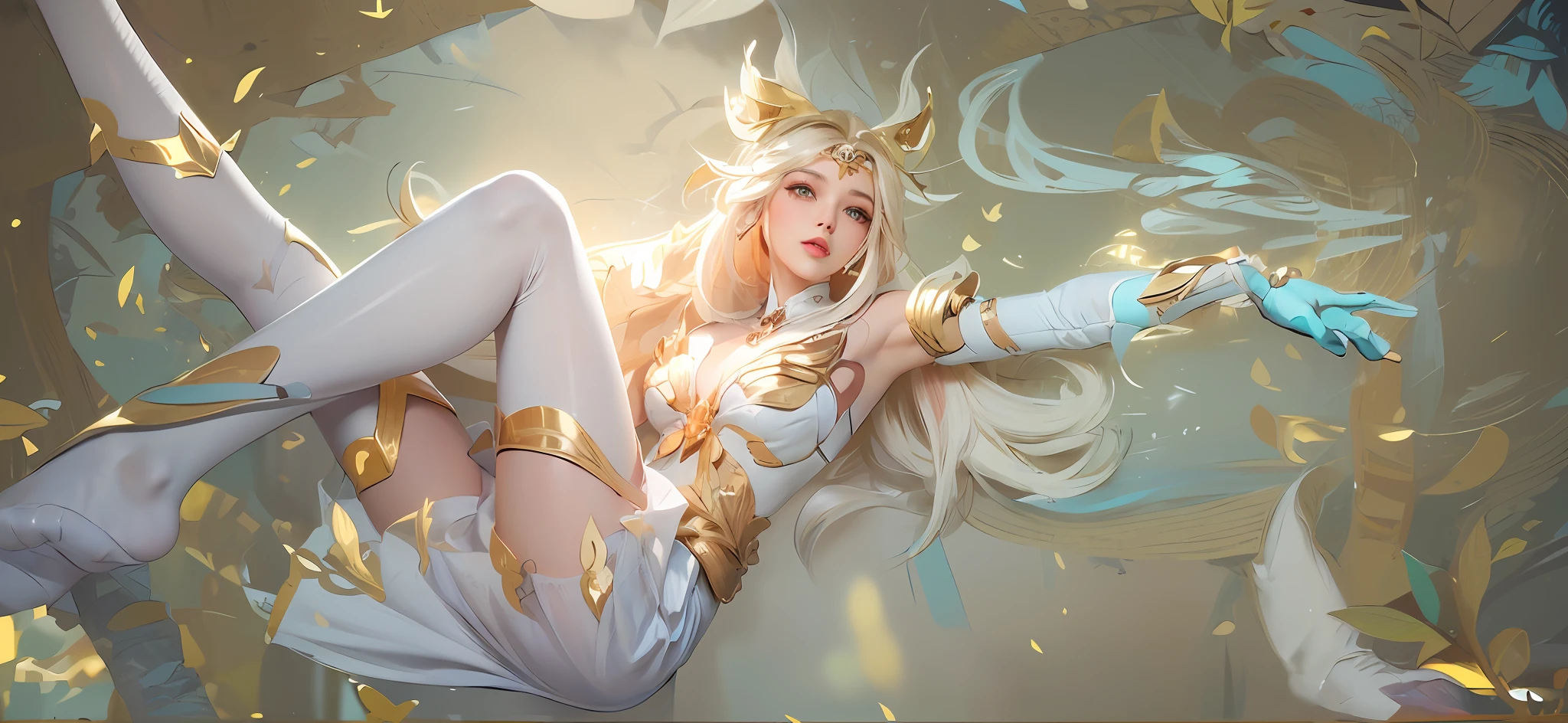((masterpicec)), ((best quality), 8 k, high detail, super super details, rich details, Western face, golden armor, white dress, white socks, white skirt, golden hair, white sota, jungle, cyan light