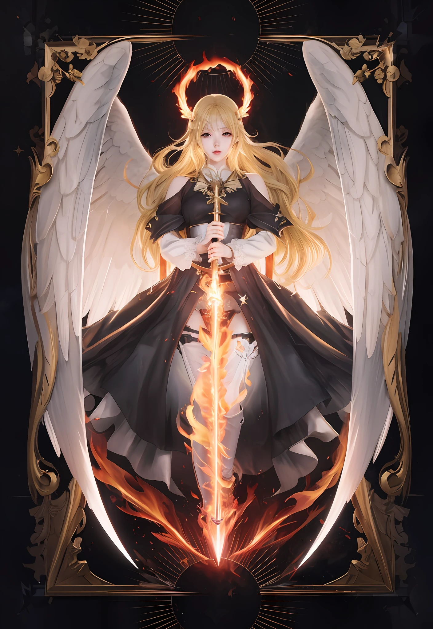 anime angel with sword and halo in front of a frame, with fiery golden wings of flame, anime goddess, goddess of anger, holy fire spell art, anime fantasy illustration, anime epic artwork, with fiery golden wings, by Yang J, digital art on pixiv, full portrait of elementalist, demon anime girl, detailed fanart, zerochan art, anime fantasy artwork,wings detailed,weapon,wepon fire effect detailed,wings white detailed,hair detailed,yellow hair,hair long detailed, detailed hands, clothes black detail, clothes detail,