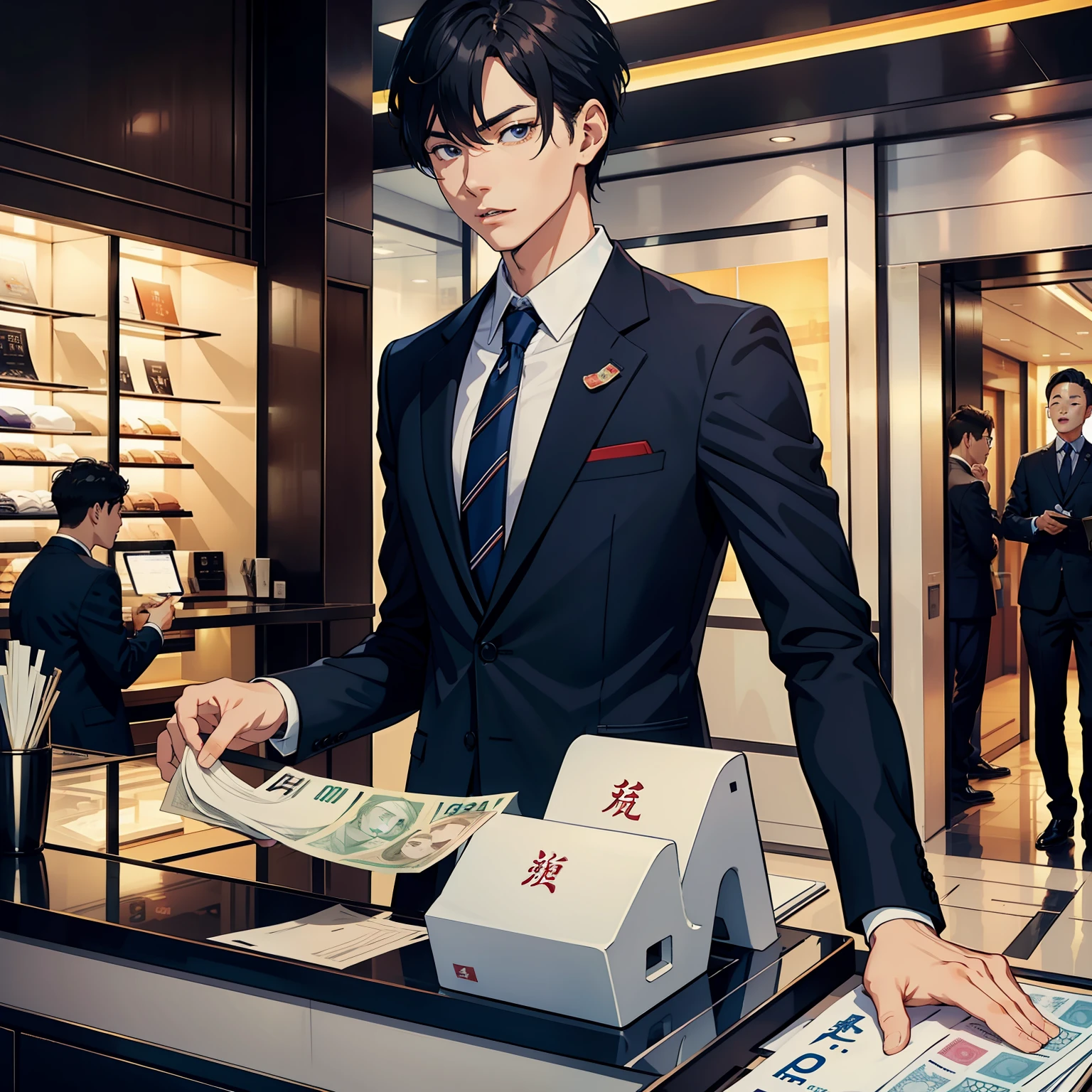 1 male，Where to hold a 50 yuan bill，Mouth open，Business suit，reception desk，Mall clothing store