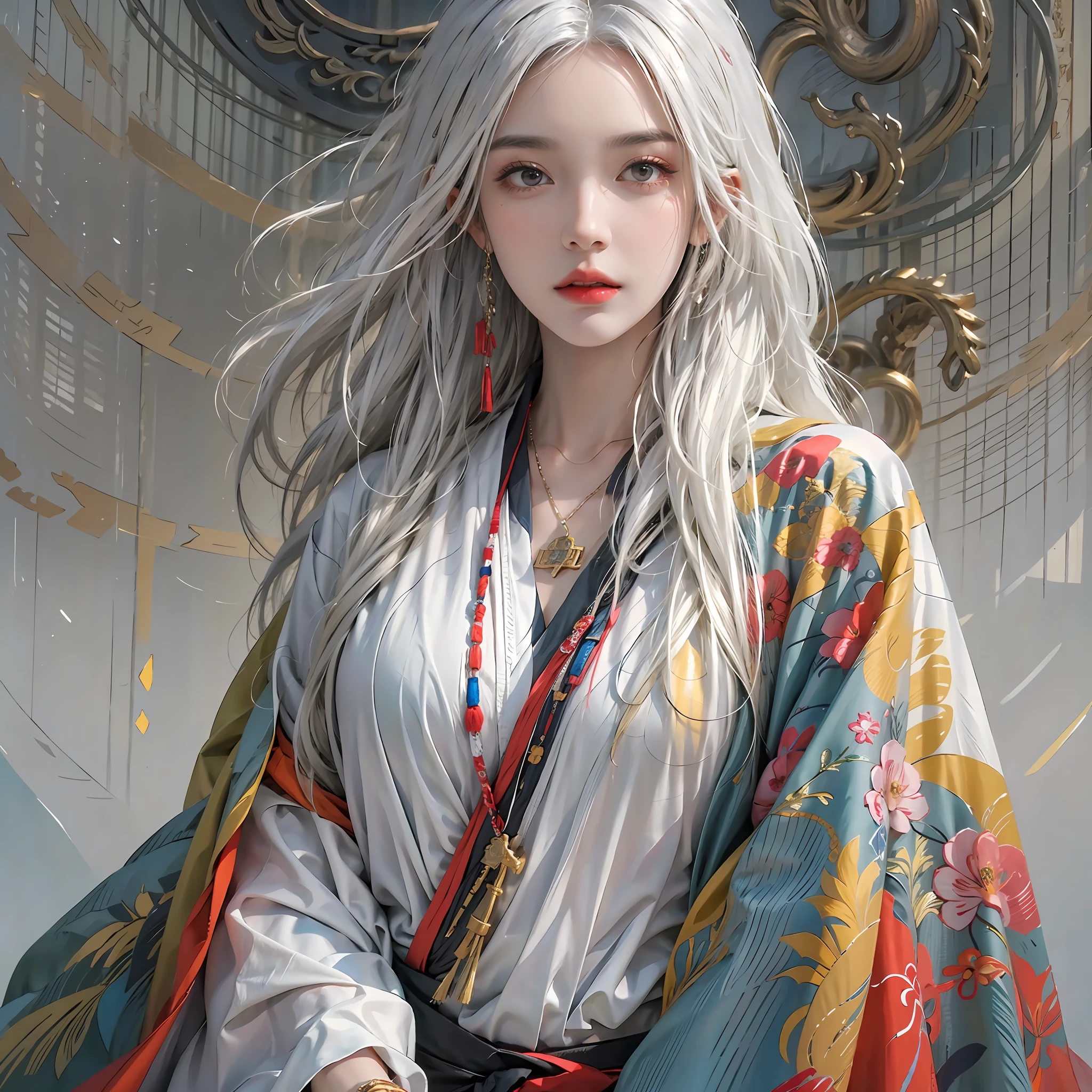 photorealistic, high resolution, 1women, solo, hips up, look at viewer, (detailed face), white hair, long hair, colorful Taoist robe,oversized clothes, midjourney portrait, jewelry
