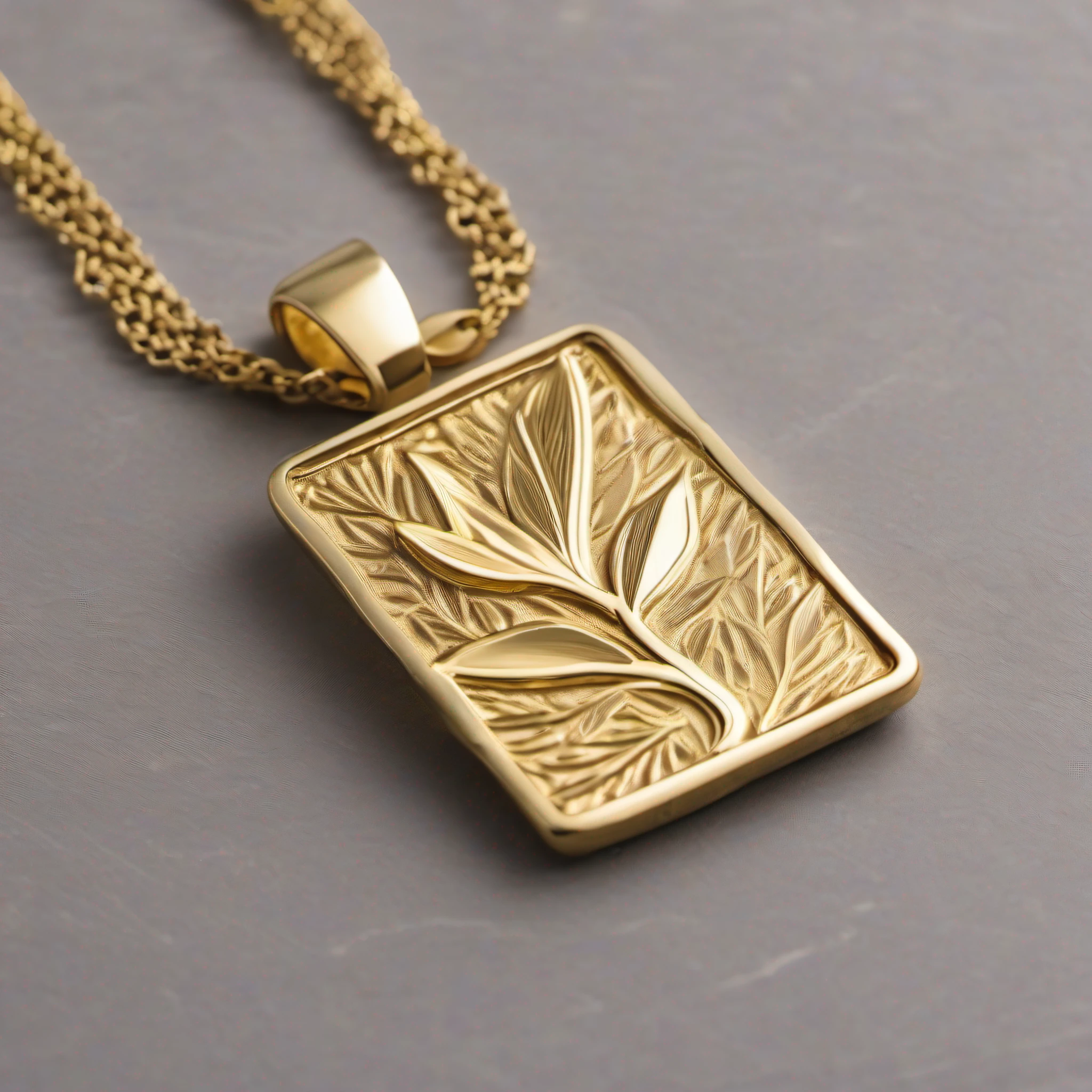 golden necklace，With leaf pattern，Rectangular gold medal，high detail product photo, detailed product photo, packaging lens, full product shot, gold jewerly, highly detailed product photo, high quality product photo, grain”, Gold jewelry, detailed product shot, Official product photo, close-up product photo, 35 mm product photo”, close up shot of an amulet