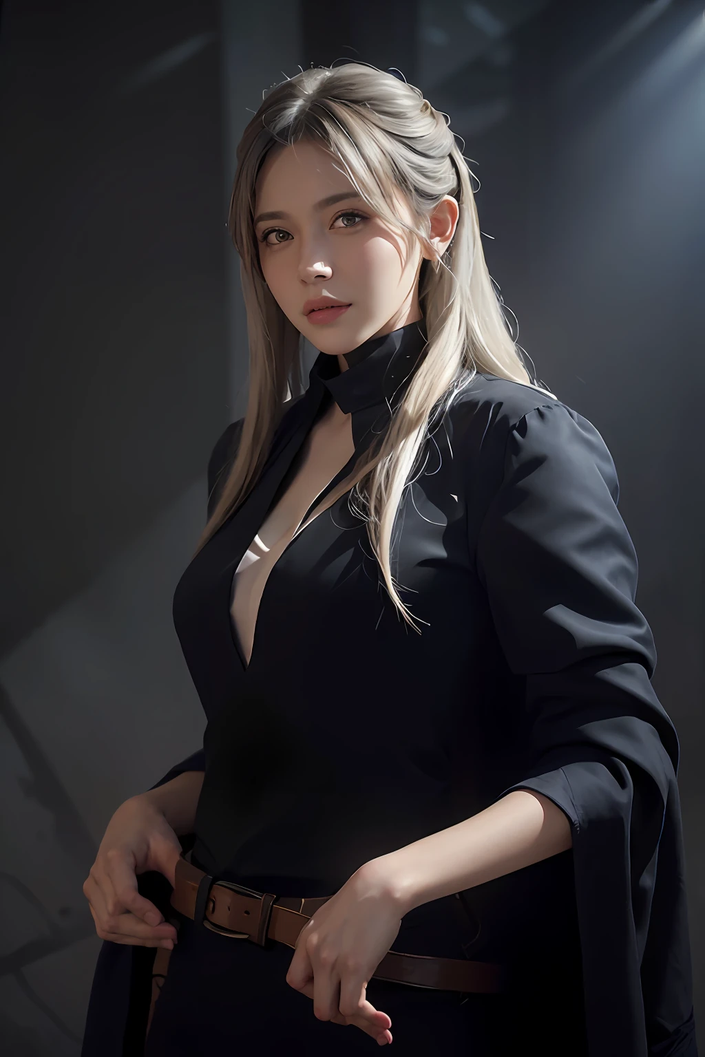 Hyperrealist portrait of female by david hockney and alphonse mucha,fantasy art, photo realistic, dynamic lighting, artstation, poster, volumetric lighting, very detailed faces, 4 k, award winning,, 1girl, in the dark, deep shadow, low key,cowboy shot,(official clothing:1.4) ,long hair,white hair,