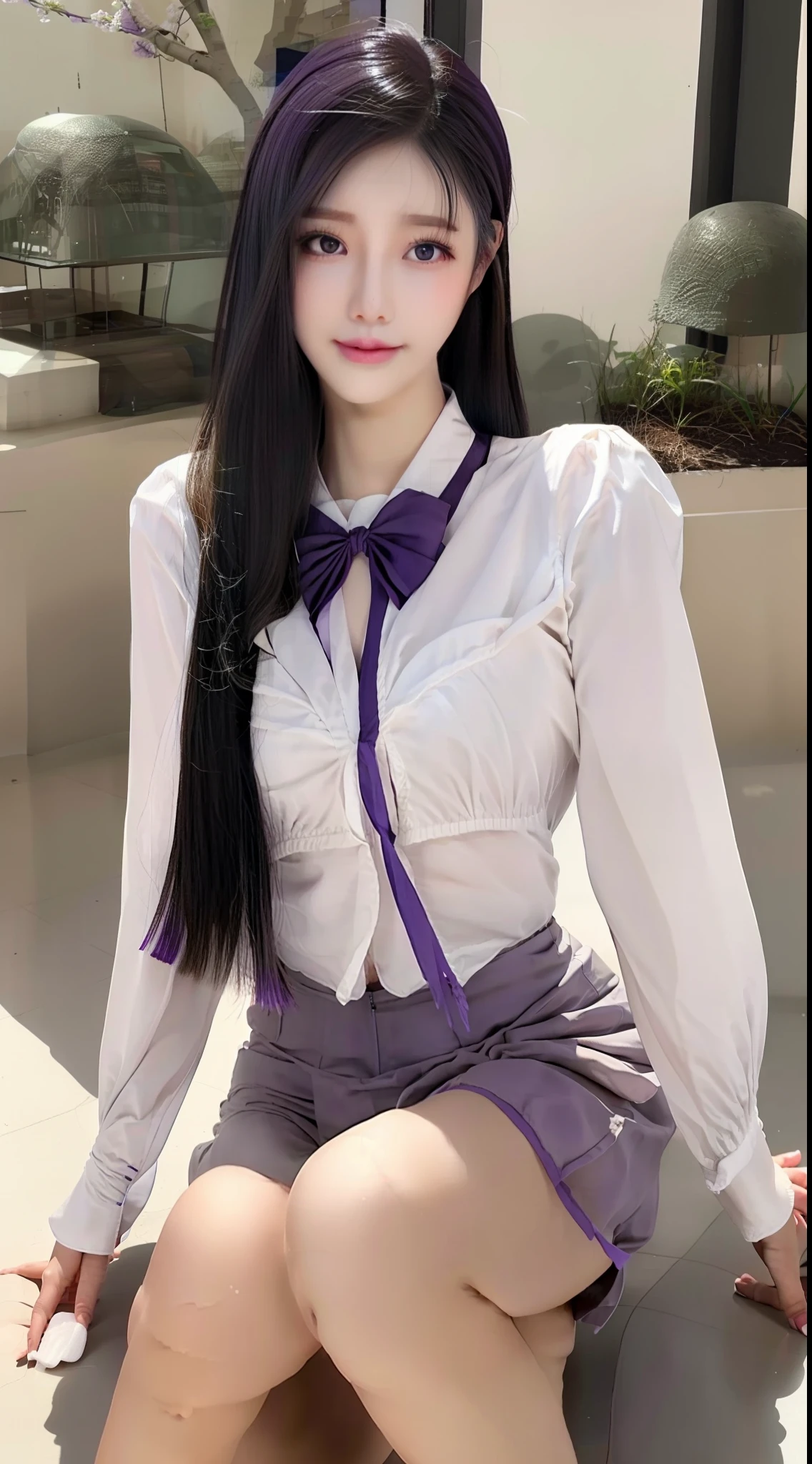 purple bow hair accessory，Purple hair JK suit，young korean girl，large green eyes，man students，The skin is delicate and delicate，Kneel gracefully，Charming long legs，Face forward，Plump and tender muscle lines，A shallow smile，cheeks slightly red，Comb long hair with your fingers