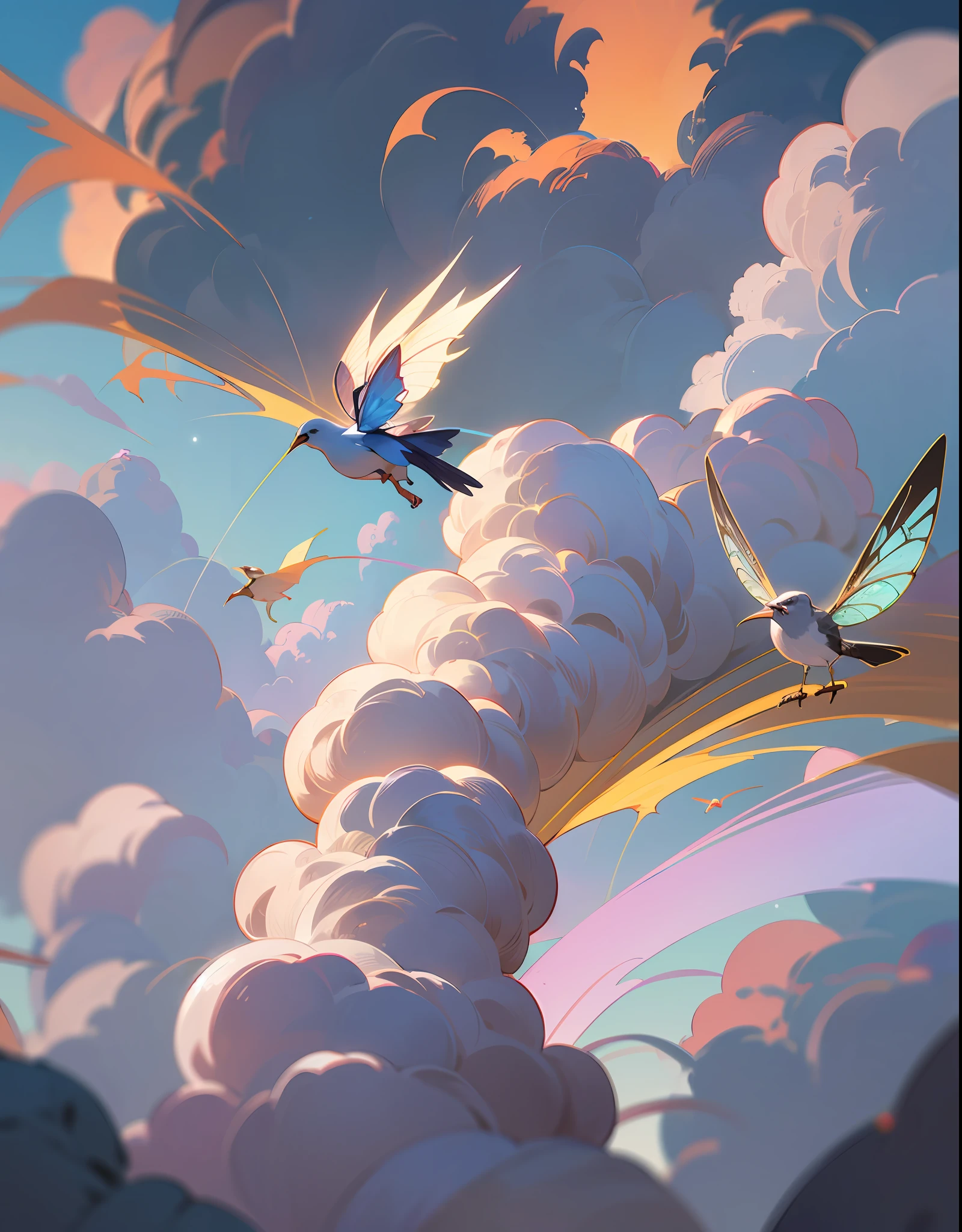 dynamic scene. fantasy tale. Funny and funny flights of fabulous fantasy very big animals and birds, in a dream, among the clouds. Fairy clothes and hats. Close-up, in full growth. Disney cartoon style. super photorealistic, cinematic, lots of detail, against a black blurred background --auto --s2