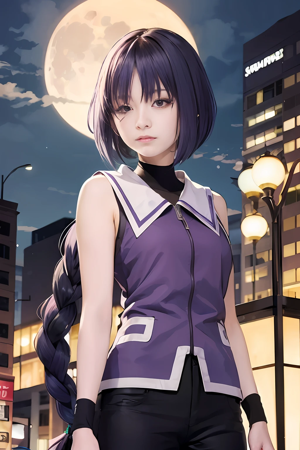 ((Purple Hair)), Realistic, masterpiece, a close up of a person standing in front of a building, hinata hyuga, anime visual of a cute girl, anime visual of a young woman, anime portrait of shiina ringo, anime style like fate/stay night, anime moe artstyle, misato katsuragi, official anime artwork, high detailed official artwork, official art, rei hiroe