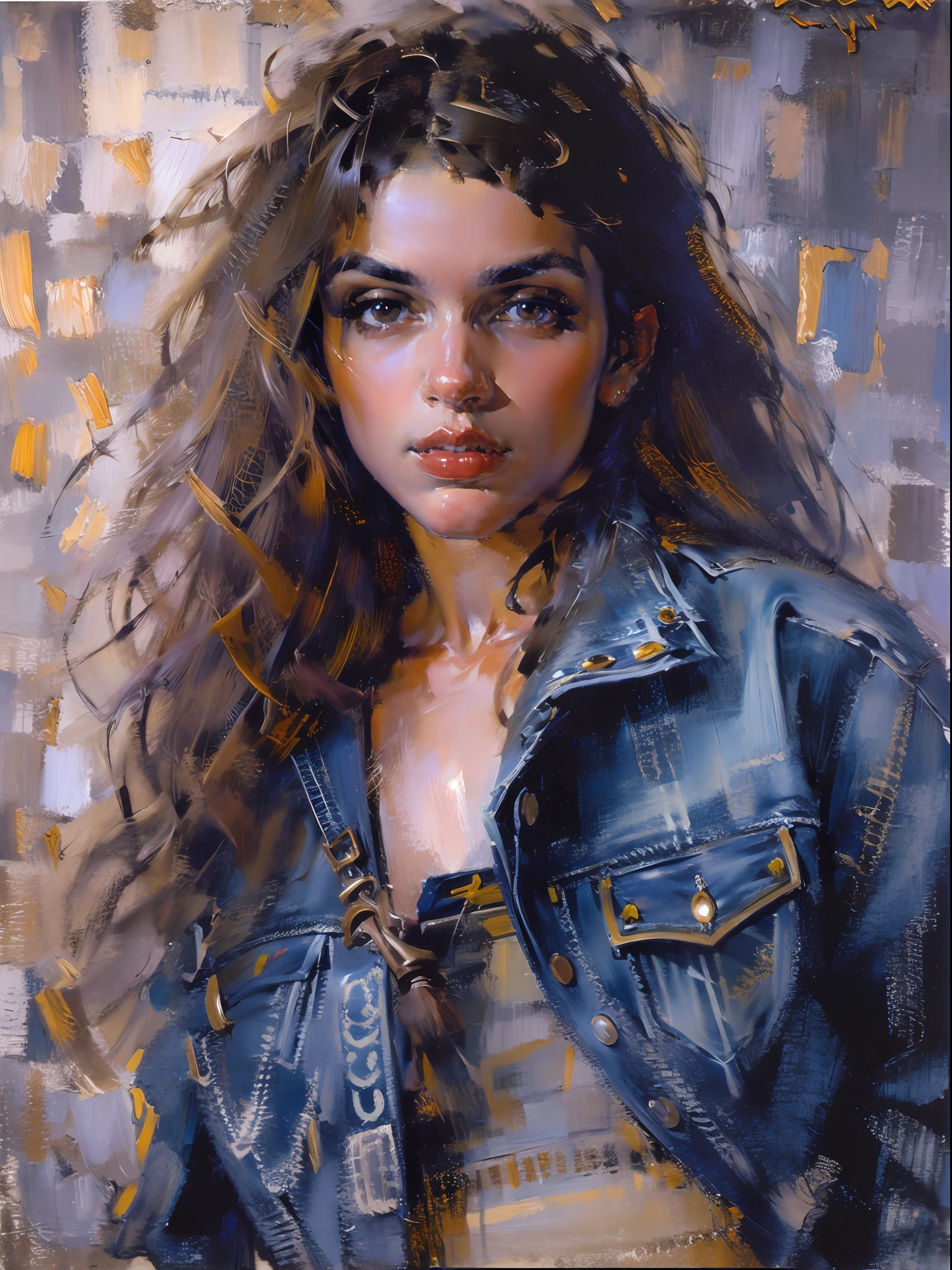 Modern urban beauty，Denim skirt，portraitures，oil painted，tmasterpiece，Renaissance style，best qualtiy，A high resolution，super-fine，Eyes detailed，Face detailed，sharp focus on eyes