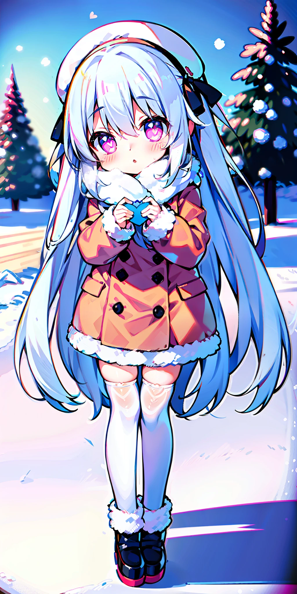 Loli, long hair, cute, heart-shaped pupils, solo, white hair, blush, winter, snow, outdoors, white stockings, standing