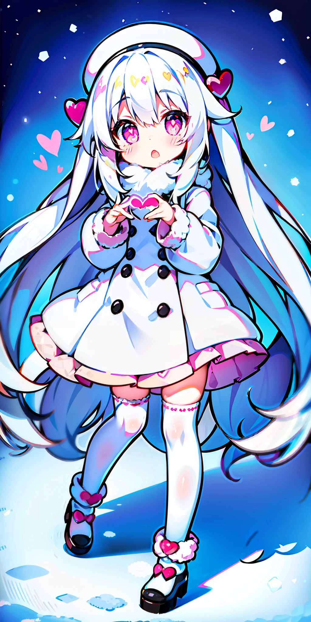 Loli, long hair, cute, heart-shaped pupils, solo, white hair, blush, winter, snow, outdoors, white stockings, standing