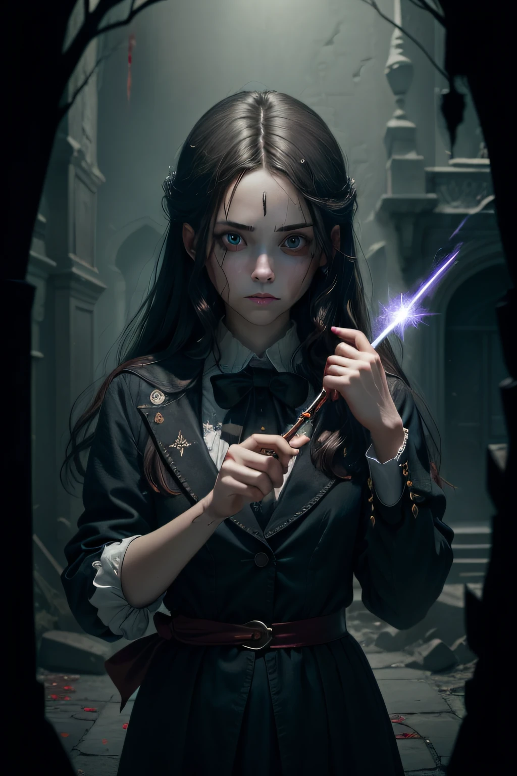Only one hand appears with a wand,The wand works magic,magic,blood stain,Dark,fantasy,The wand is tilted in the frame