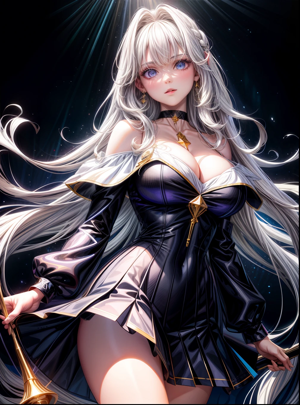 (8K,tmasterpiece:1.2),(Hyper-detailing,Ultra-realistic 8K CG,Epic),(wavy white long hair):1.3,beatiful detailed eyes,large black eyes,Perfect proportions,eyes with brightness,Light makeup,choker necklace,ear jewelry),1个Giant Breast Girl,White hair,Purple eye,glowing light eyes,magic school,the street,Magic Student Uniform,Bare shoulder top,pleatedskirt,Magic wand in hand,Swing beautiful magic arrays and gorgeous streamers