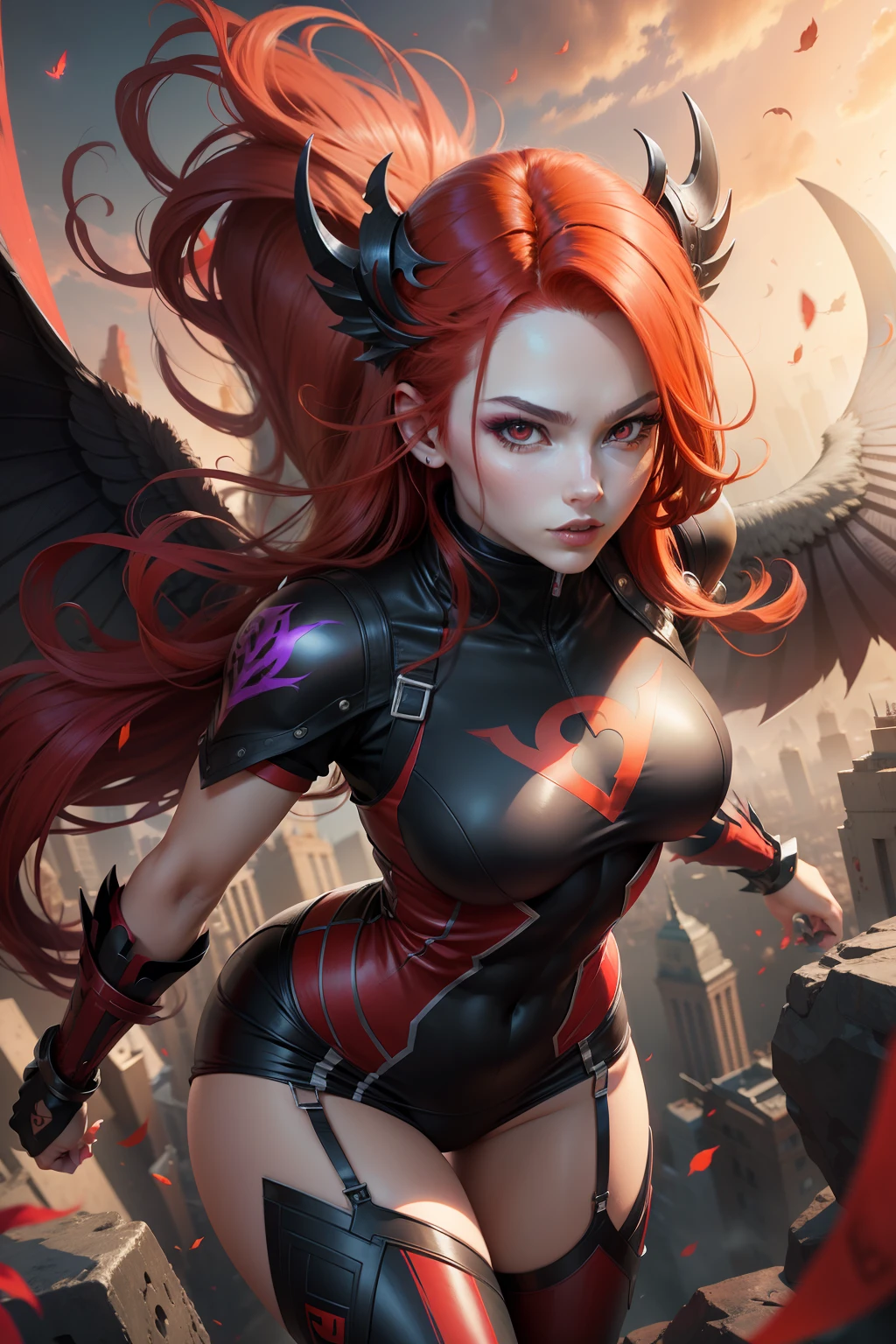 supervillan, female, hot, red hair, red eyes, black purple unifrom, flying, looking at you