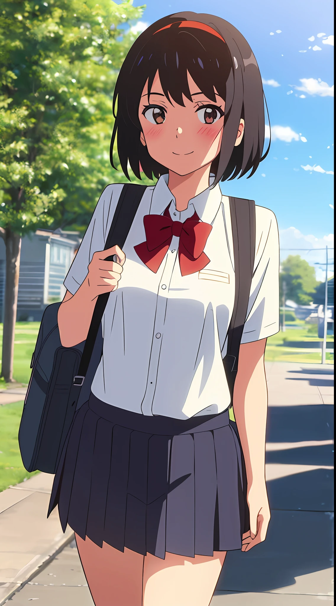shinkai makoto, kimi no na wa., 1girl, bangs, black hair, blush, brown eyes, sky, cloud, collared shirt, looking at the viewer, outdoors, red headband, red ribbon, red bow, school, school uniform, short hair, smile, solo, white shirt, skirt, school backpack