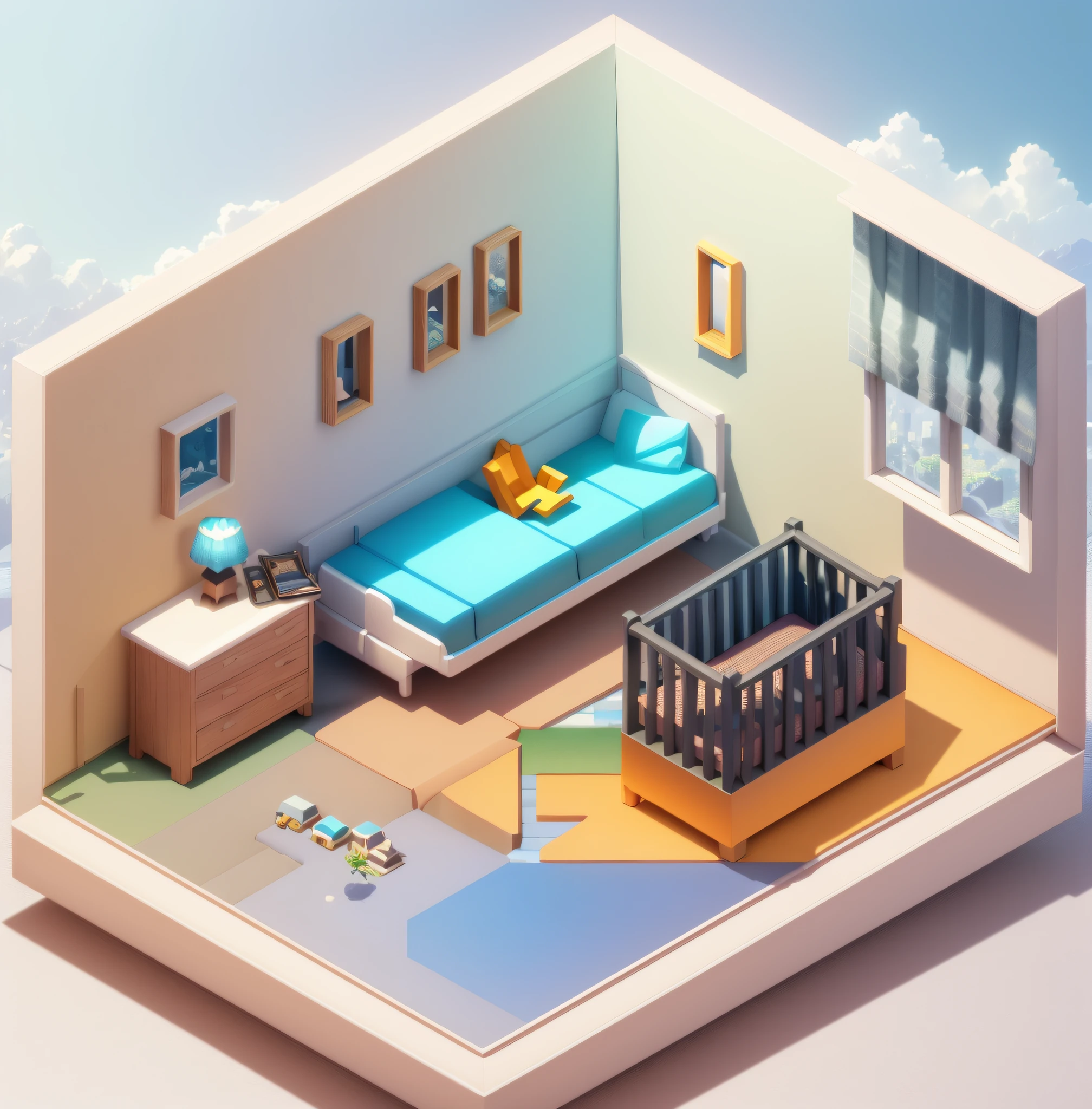 (Isometric perspective:1.5),(Pixar style:1.2), Room, bed, sofa,(small bonsai:0.8),desk lamp, TV, mural, 3D,Disney,Panoramic photo,White background, solid background,Global illumination, raytracing, modeling,HDR,octane render,unreal render,behance,dribbble,artstation,best quality, 8k,