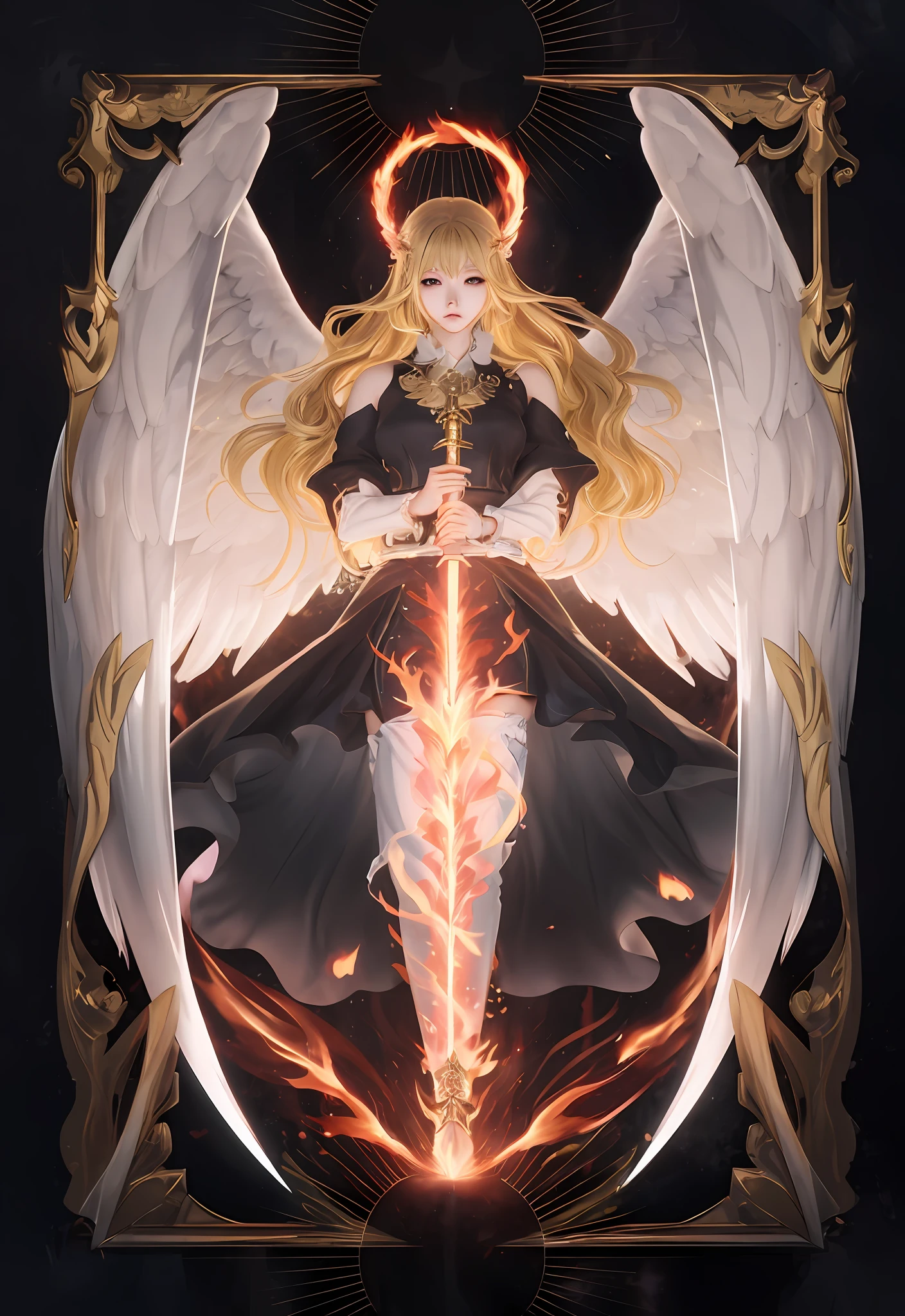 anime angel with sword and halo in front of a frame, with fiery golden wings of flame, anime goddess, goddess of anger, holy fire spell art, anime fantasy illustration, anime epic artwork, with fiery golden wings, by Yang J, digital art on pixiv, full portrait of elementalist, demon anime girl, detailed fanart, zerochan art, anime fantasy artwork,wings detailed,weapon,wepon fire effect detailed,wings white detailed,hair detailed,yellow hair,hair long detailed, detailed hands, clothes black detail, clothes detail, perfect fingers