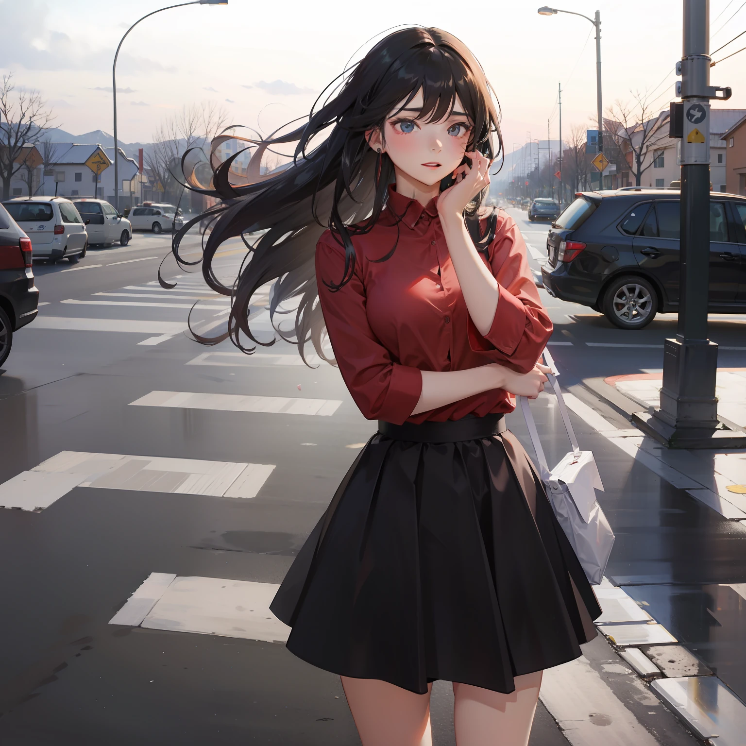 The woman is wearing a red shirt and a black skirt with long black hair.BREAK I fell on the road.