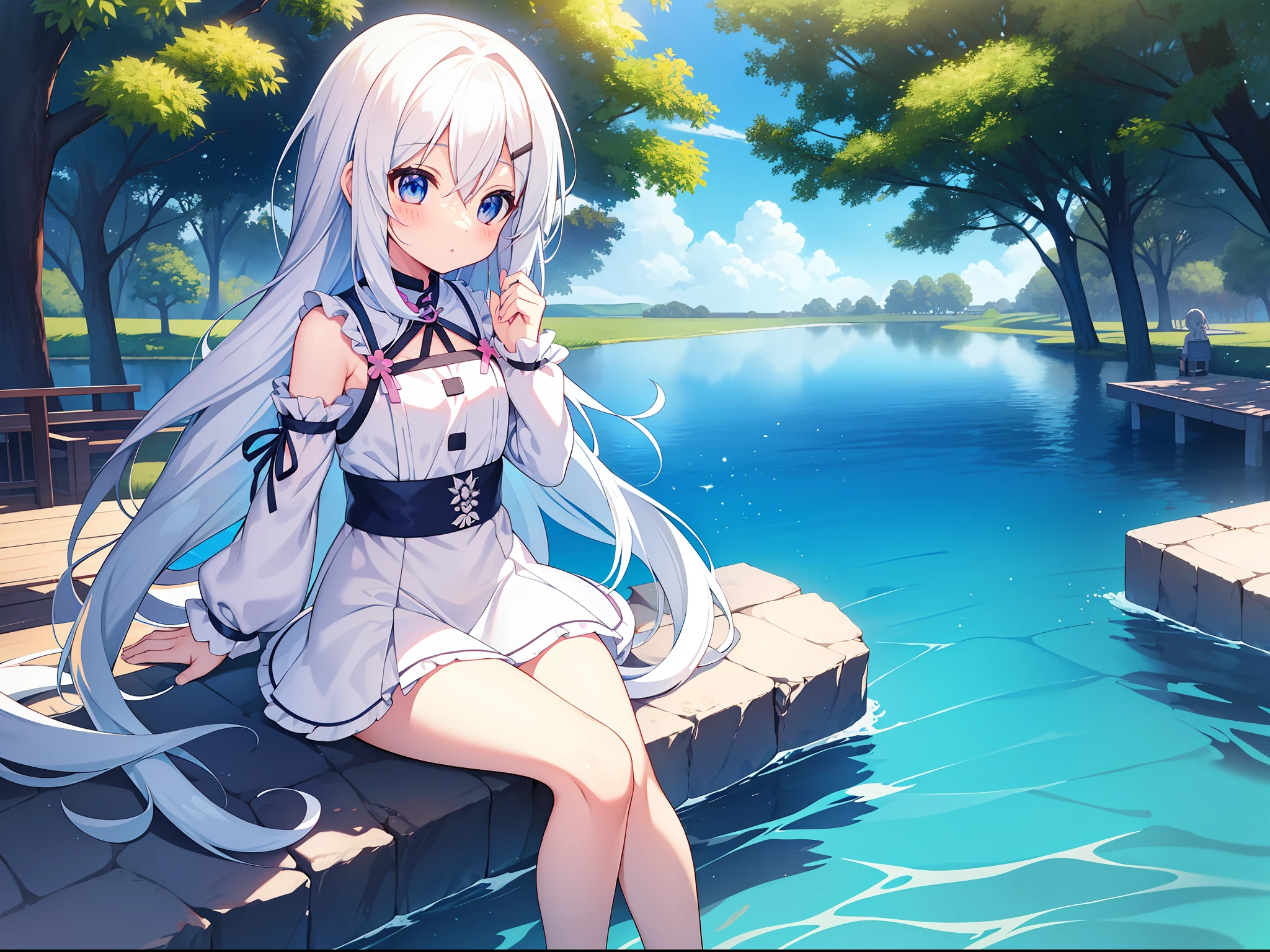 Anime girl sitting on dock,The background is a pond, Perfect white haired girl, Splash art anime Loli, anime visual of a cute girl, white-haired god, small curvaceous loli, Girl with white hair, style of anime4 K, white haired Cangcang, Anime girl with long hair, White-haired, Cute anime girl, small li girl