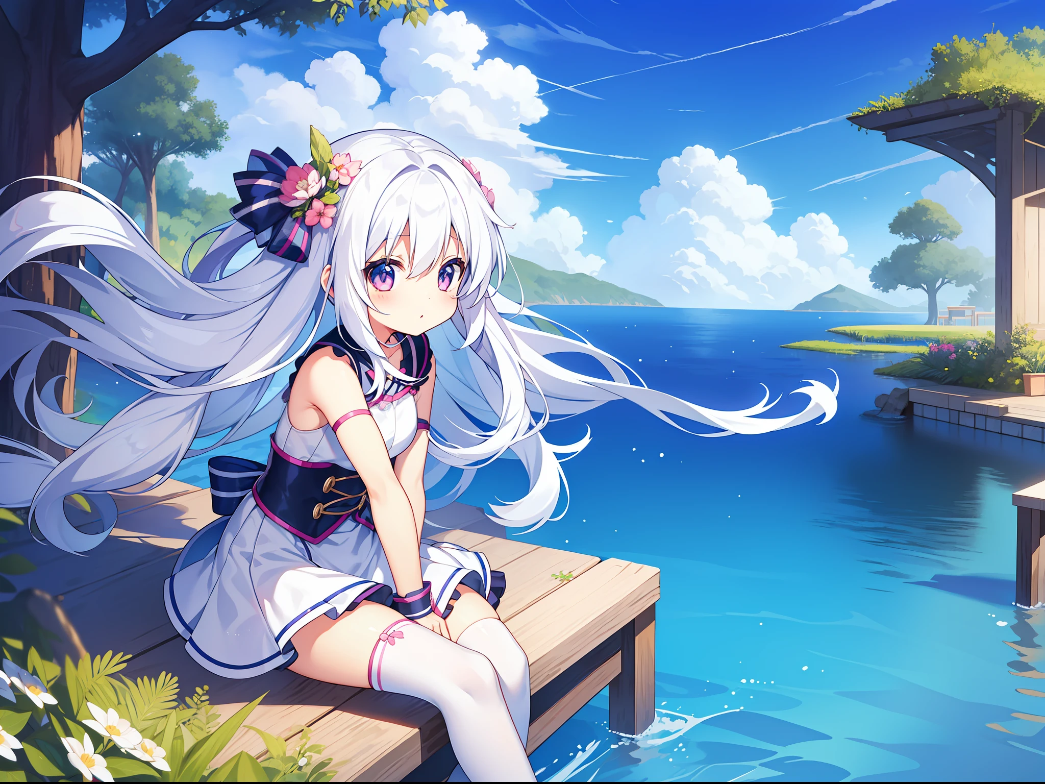 Anime girl sitting on dock,The background is a pond, Perfect white haired girl, Splash art anime Loli, anime visual of a cute girl, white-haired god, small curvaceous loli, Girl with white hair, style of anime4 K, white haired Cangcang, Anime girl with long hair, White-haired, Cute anime girl, small li girl