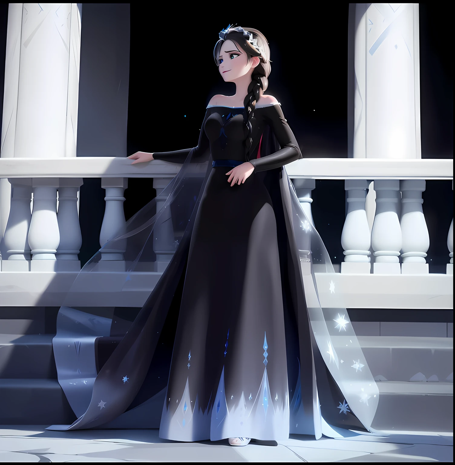 there is a woman in a black dress standing on a balcony, emma watson as the queen of ice, portrait of elsa of arendelle, elsa, beautiful elsa, anime girl wearing a black dress, royal elegant pose, ((a beautiful fantasy empress)), digital art of an elegant, elegant cinematic pose, elsa from frozen, artwork in the style of guweiz