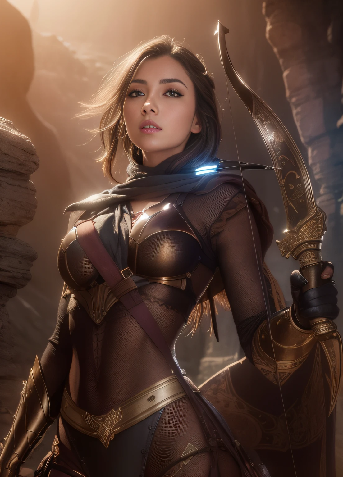 Woman, masterpiece, realistic, natural color, beautifull, medium breast, young woman (8k, RAW photo:1.2), holding a bow armor, cave, rock